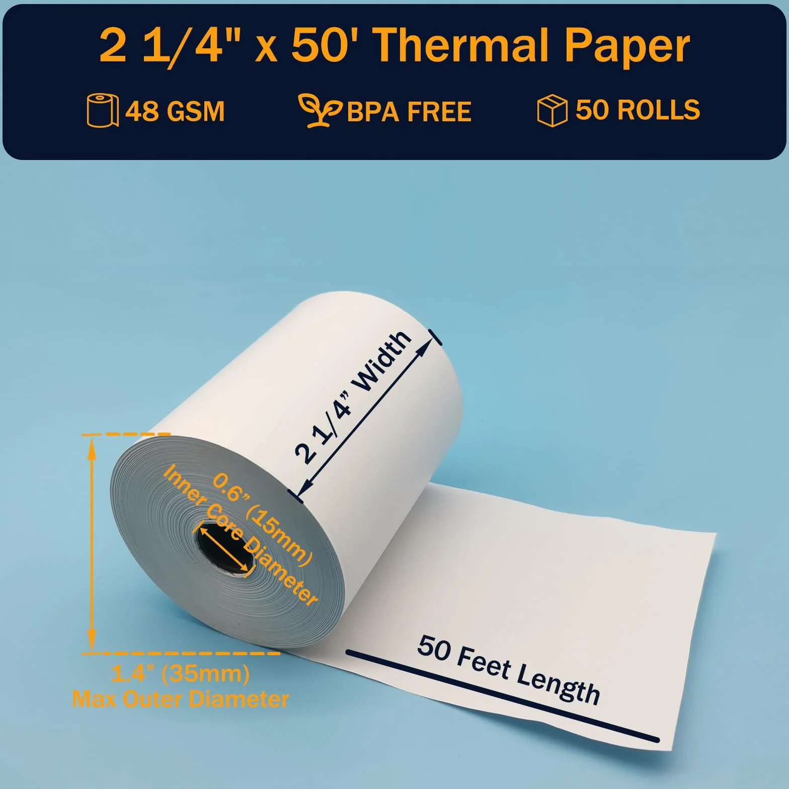 (50 rotoli) 2 1/4 x 50 rotoli di carta termica, senza BPA, 5,7 cm di larghezza e 15,2 m di lunghezza per rotolo di carta termica