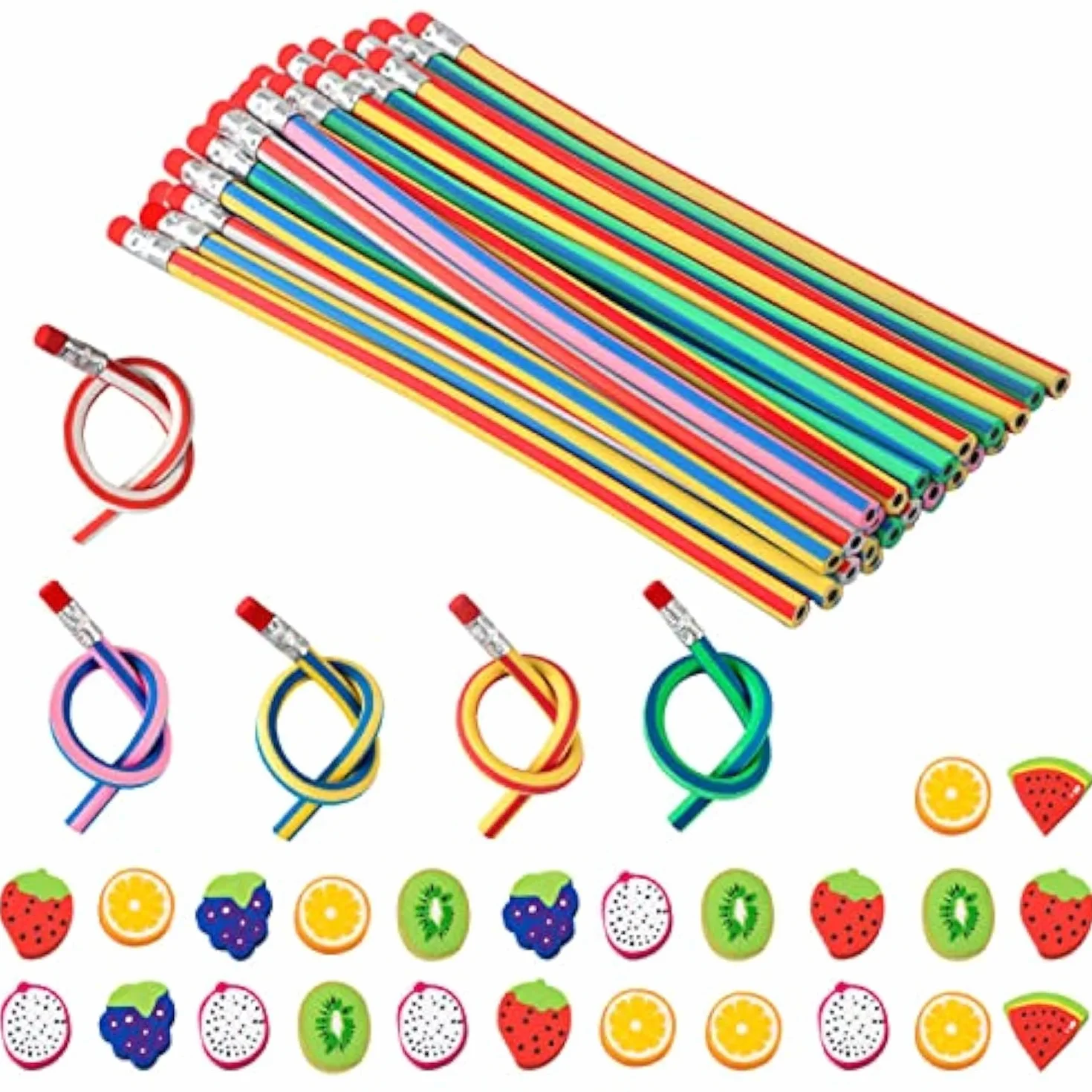 Set di 49 Pezzi Matite Flessibili e Morbide con Gomme Cancellare a Forma di Frutti Giocattoli per Bambini