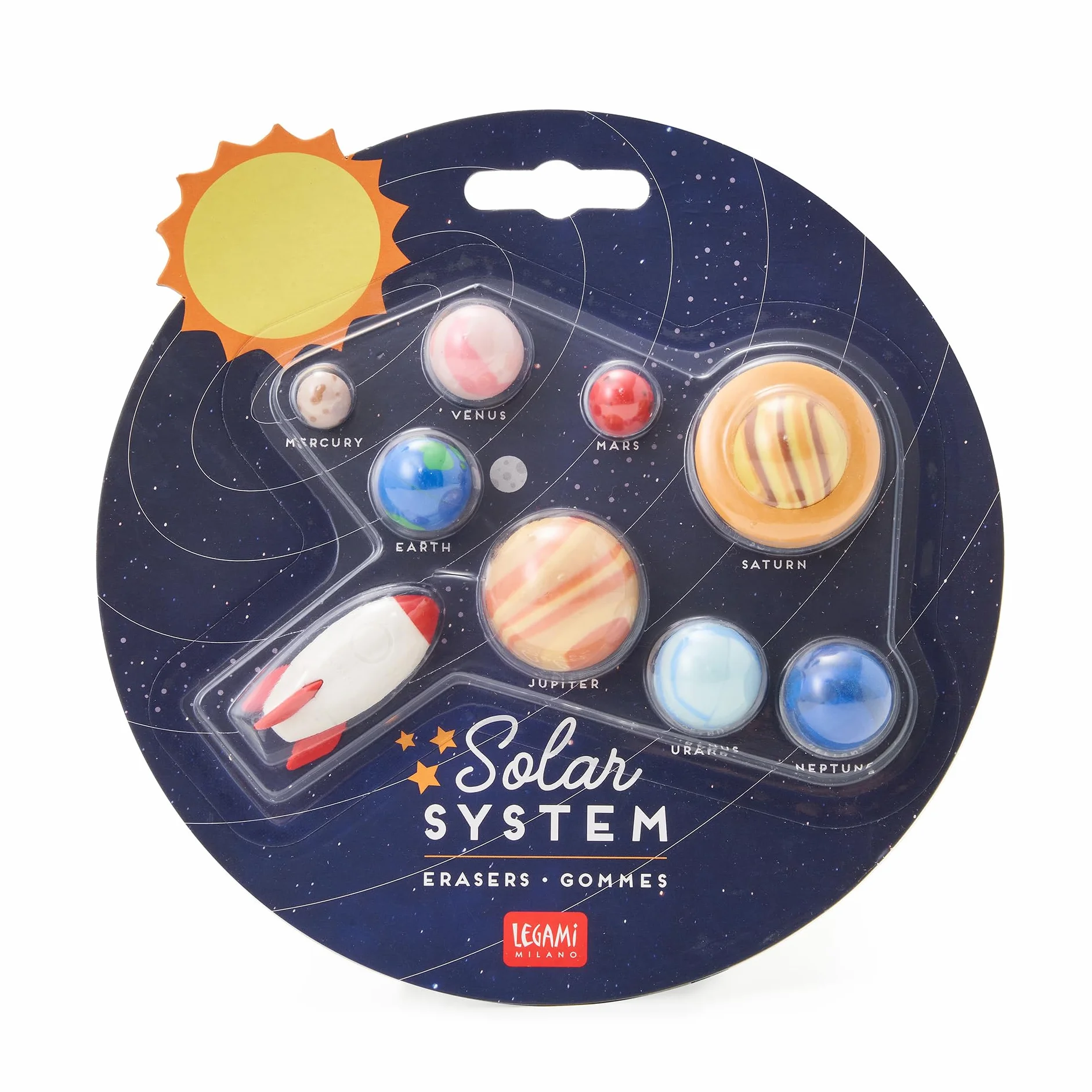 Legami Solar System Set di 9 Gomme 0,8x3,5 cm Gomme a Forma di Razzo Pianeti Sole
