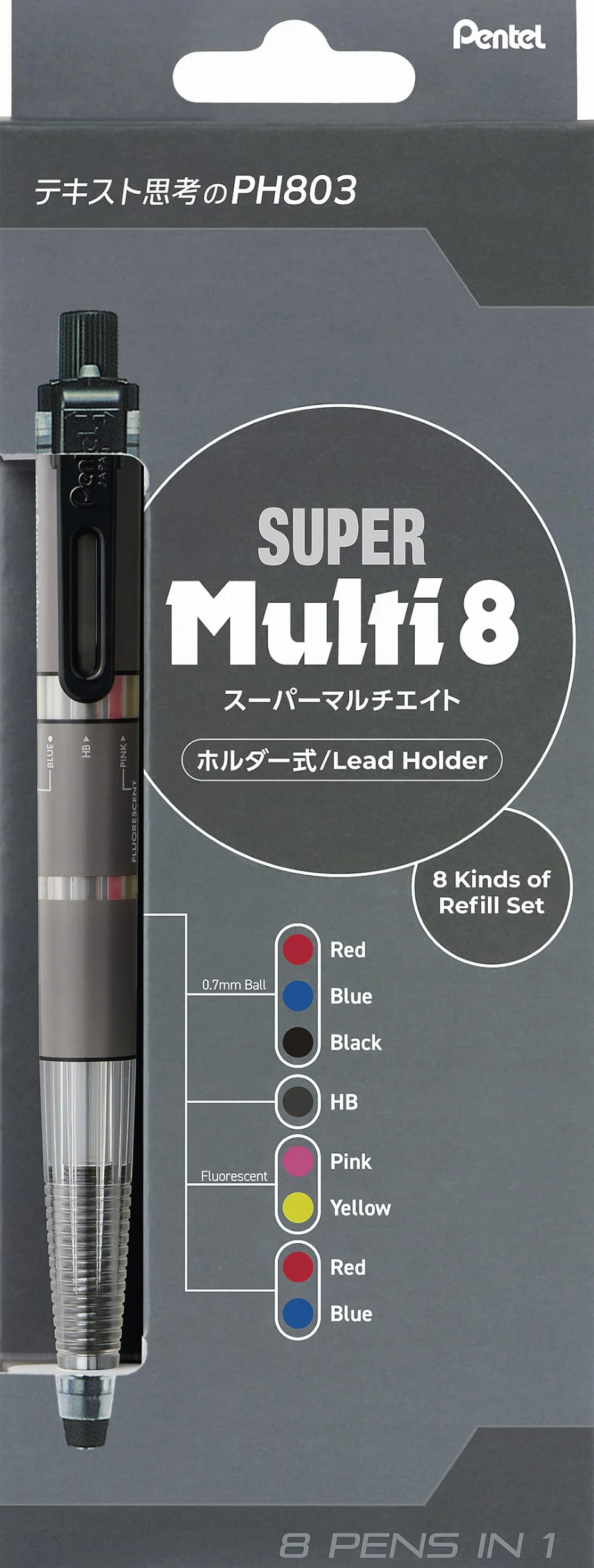 Pentel Super Multi 8 Matita Multicolor XPH803ST, Penna Multifunzione 8 in 1 con Set di Ricarica e Temperamatite, Made in Japan