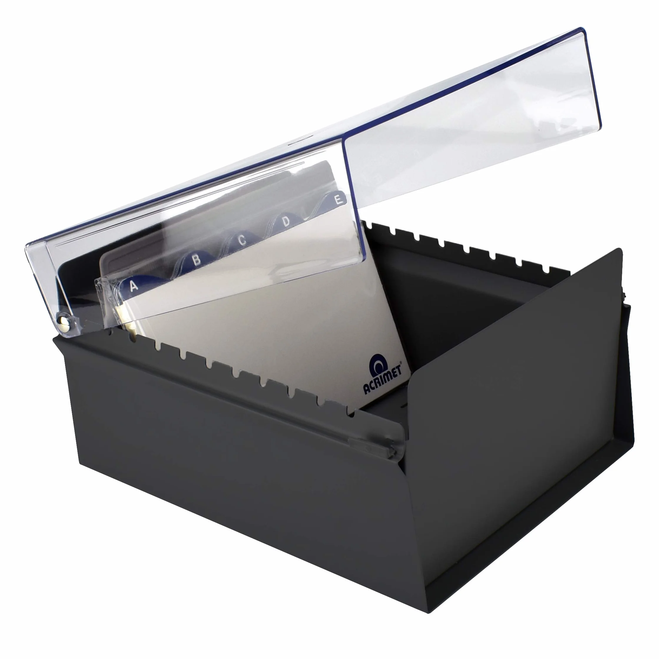 Acrimet Portacarte Organizzatore 5'' x 8’', Base in Metallo Resistente (Indice AZ e un Divisore di Plastica Include) (Base Nero con Coperchio Trasparente in Plastica)
