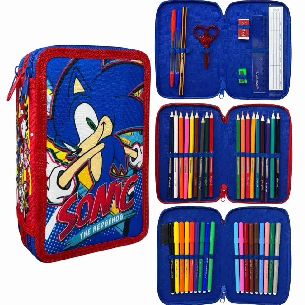 Astuccio Sonic triplo completo 44 pezzi cancelleria scuola penne matite colori pennarelli Giotto