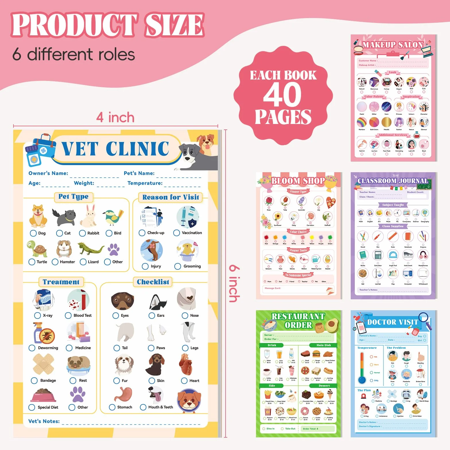 Confezione da 6 blocchi per appunti per bambini, 40 pagine per bambini, 10,2 x 15,2 cm, per giochi di ruolo fantasiosi per ragazze