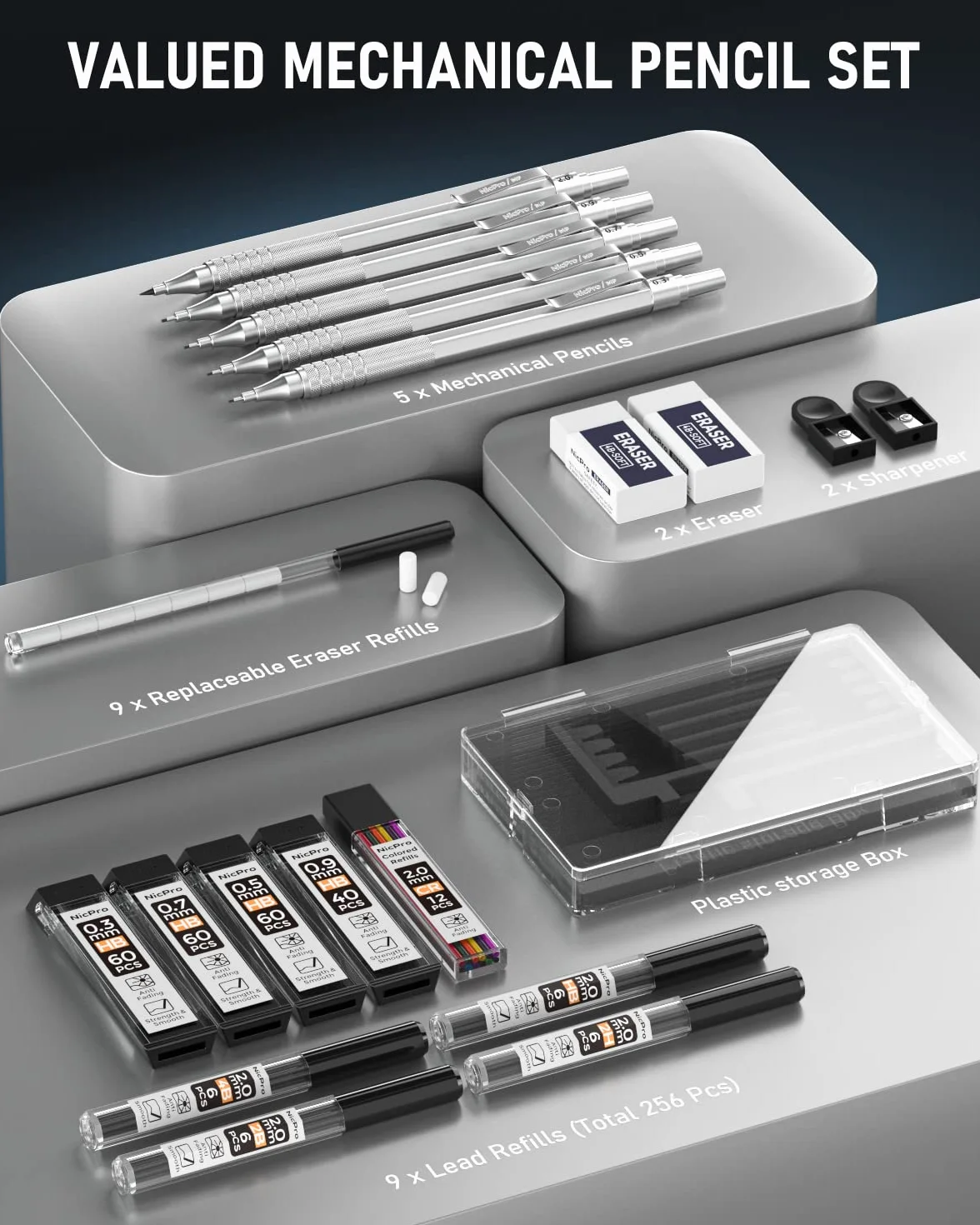 Nicpro 5 Pezzi Matita Meccaniche Set, Art Portamine 0.3-2mm con Ricariche, Temperamatita, Gomma per Disegno Artistico
