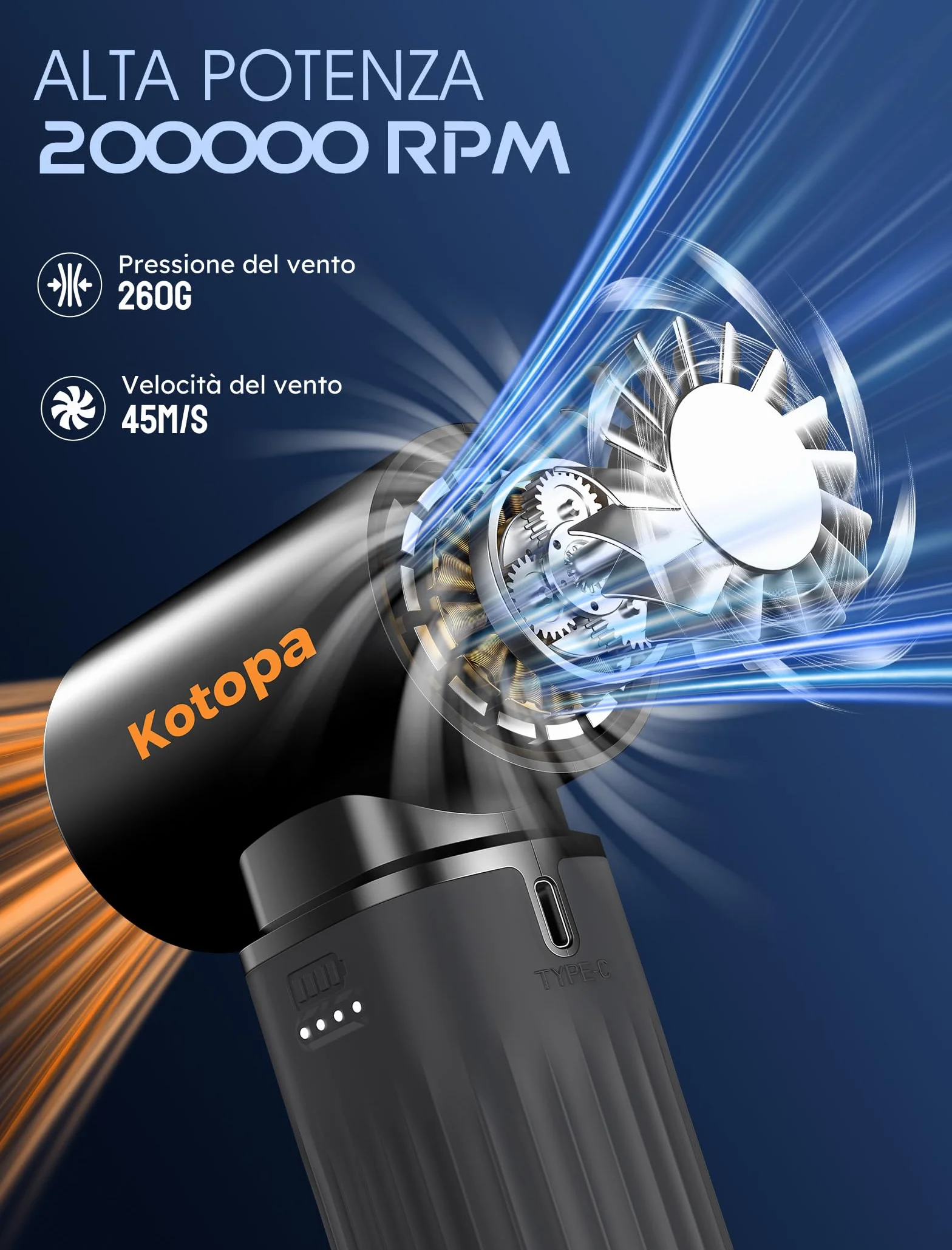 Kotopa Aria Compressa Elettrica, 3 Velocità 200000 RPM, Soffiatore Aria Compressa Dotato di una Batteria da 8000 mAh, Adatto per la Pulizia di Computer, Tastiere, Auto e Uso Esterno (Nero)