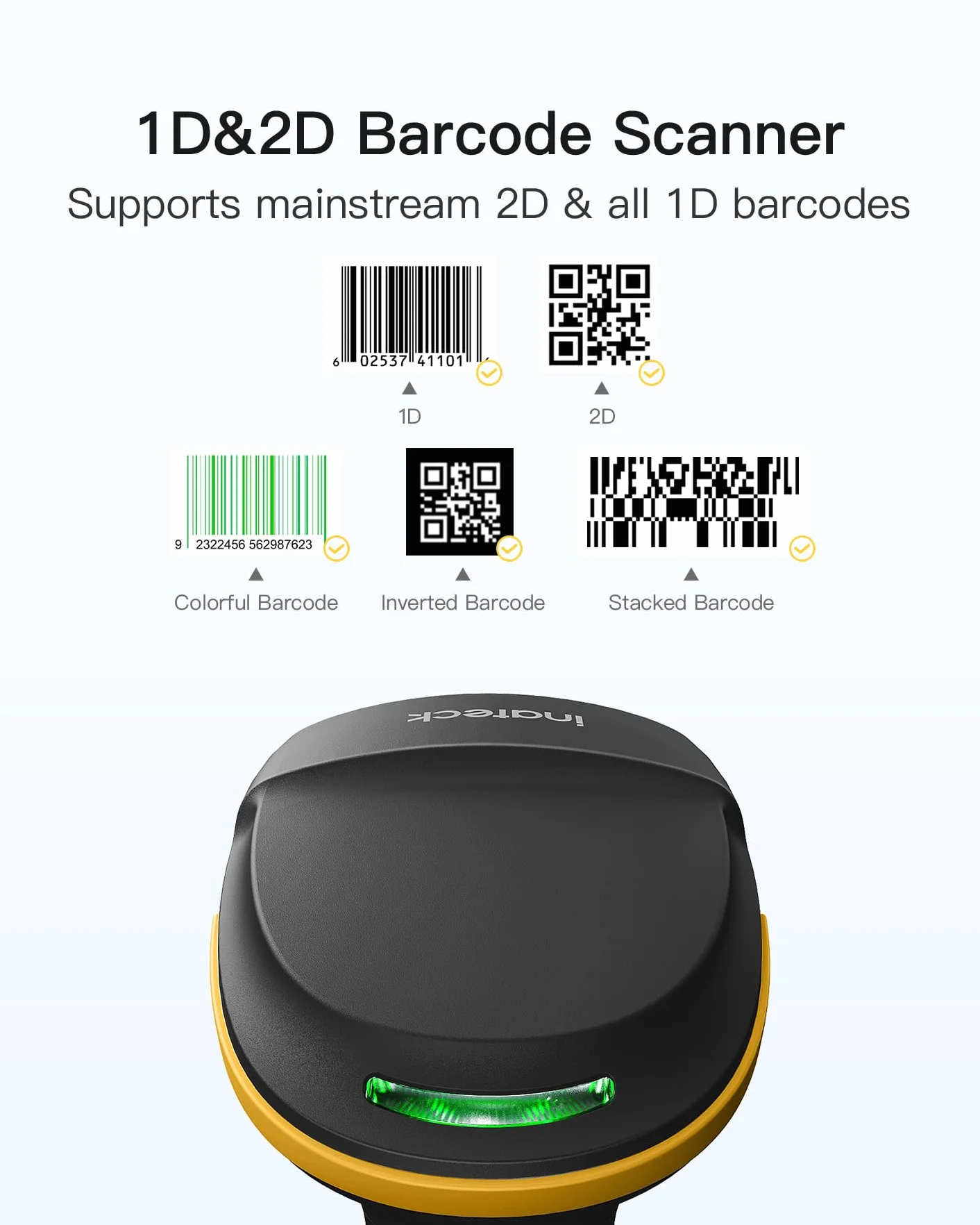 Inateck Scanner per Codici a Barre 2D Wireless, Bluetooth 5.0, Base Intelligente 2.4Ghz, Scansione su Schermo, BCST-54 (nero)