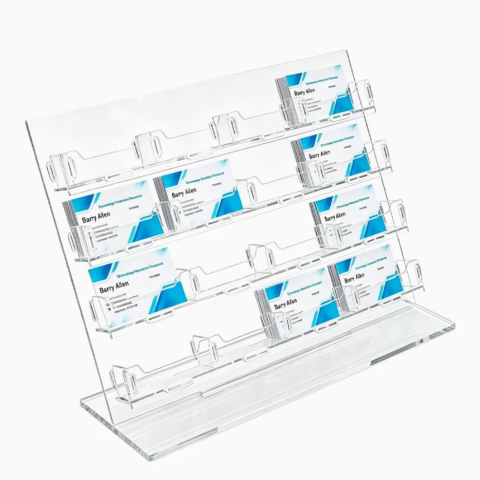 DICOSMETIC Espositore per biglietti da visita a 4 livelli, 16 griglie in acrilico, espositore per biglietti da visita, 12 x 40 x 29 cm, organizer trasparente per carte da scrivania per casa, ufficio