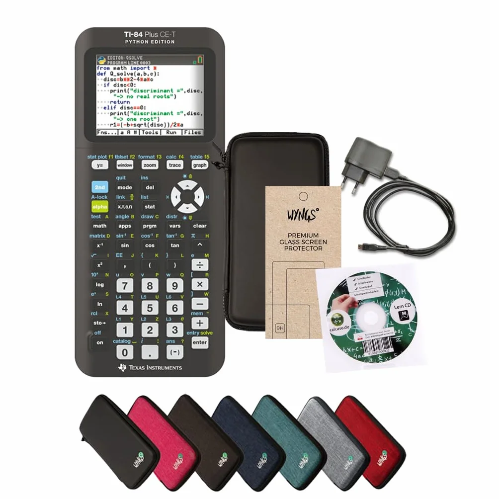 TI-84 Plus CE-T Python Edition + Garanzia avanzata + cavo di ricarica + CD tedesco + pellicola WYNGS + custodia nera WYNGS
