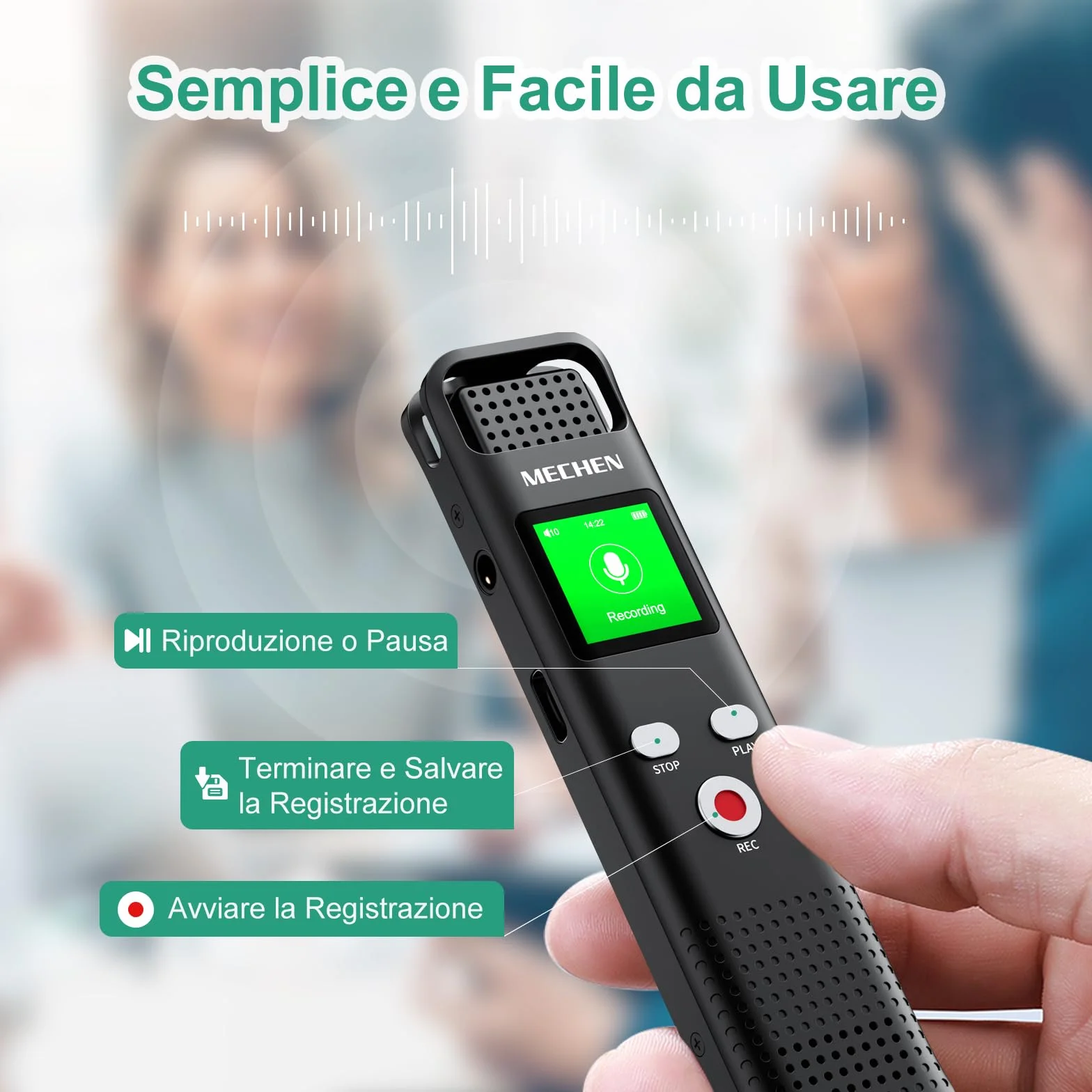 MECHEN Registratore vocale da 128 GB con riconoscimento vocale, 1536 kbps con lettore MP3, qualità audio HD, cancellazione del rumore, registratore vocale per lezioni