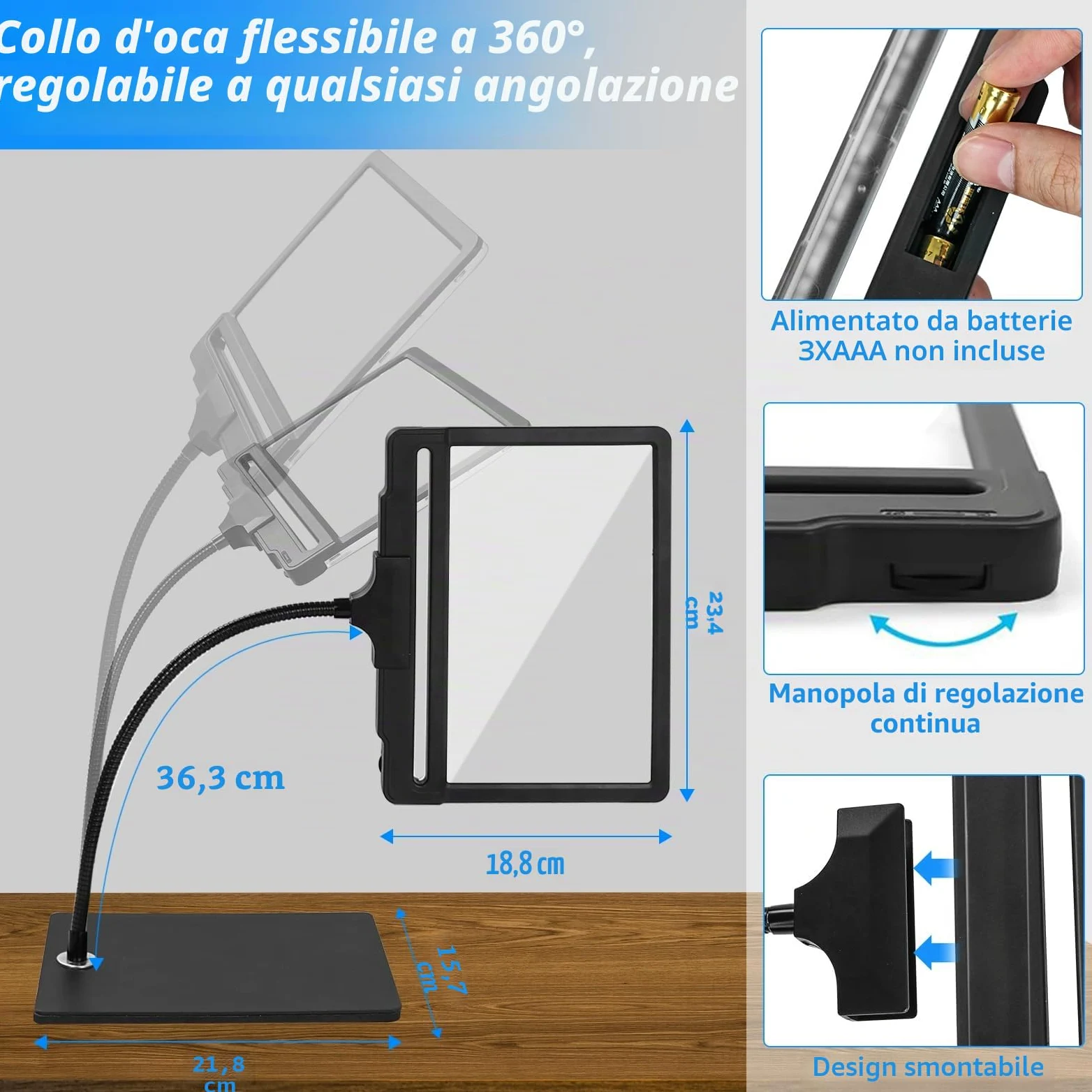 NZQXJXZ 2 in 1 Lente d'ingrandimento con Luce e Supporto | Lampada da Scrivania a Collo d'oca Flessibile a 42 LED, 5X Lente d'ingrandimento Staccabile a Luminosità Regolabile