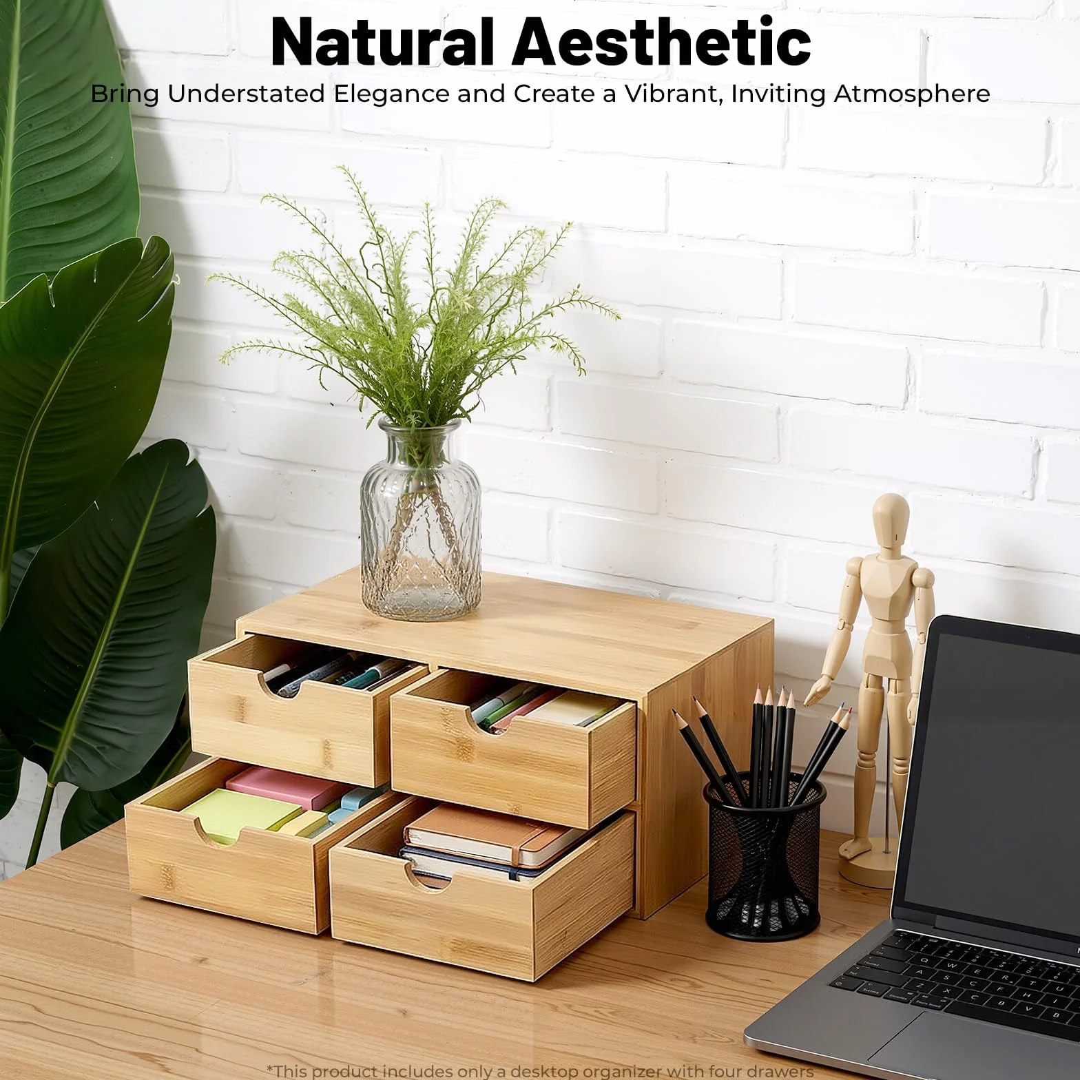 Organizzatore da scrivania in bambù, 4 cassetti, per utensili da ufficio, collezioni cosmetiche e necessità quotidiane, 33 x 19 x 16 cm