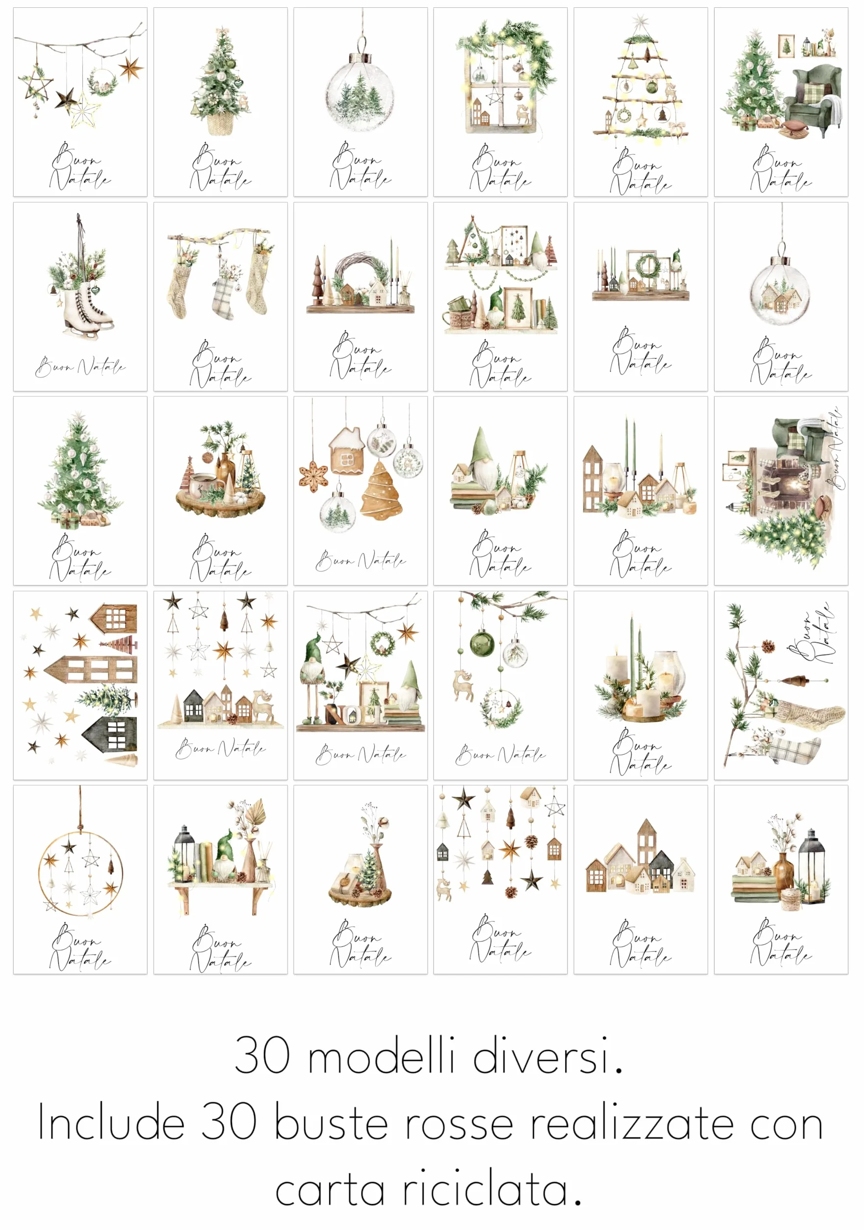 Biglietti natalizi italiani A6 con buste kraft riciclate – Set 30 pezzi