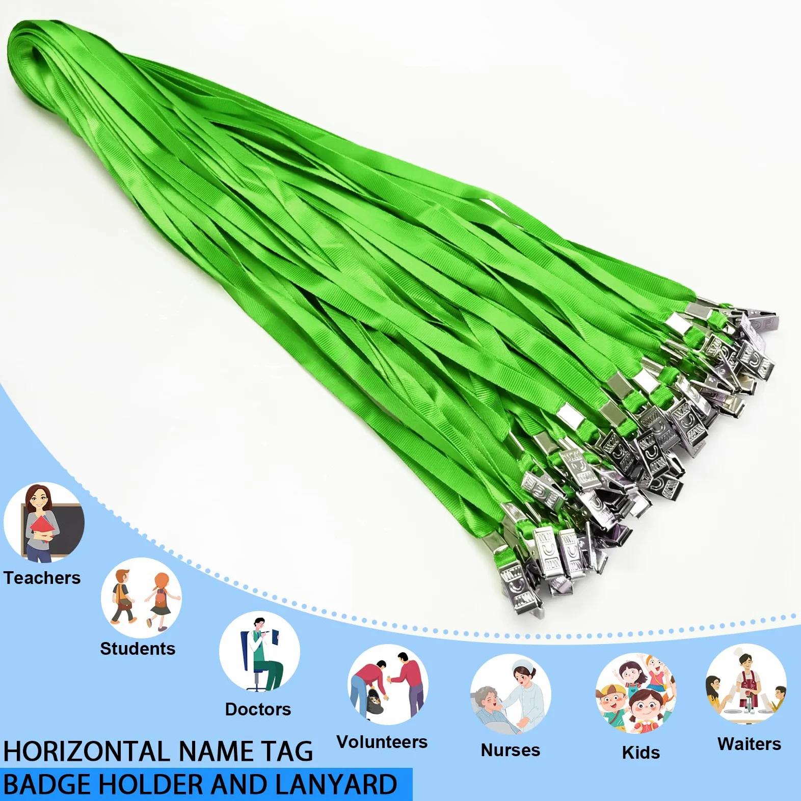 Confezione da 50 porta badge verticali in plastica trasparente e 50 cordini verdi impermeabili, con cordino, per adulti e bambini, ufficio e scuola