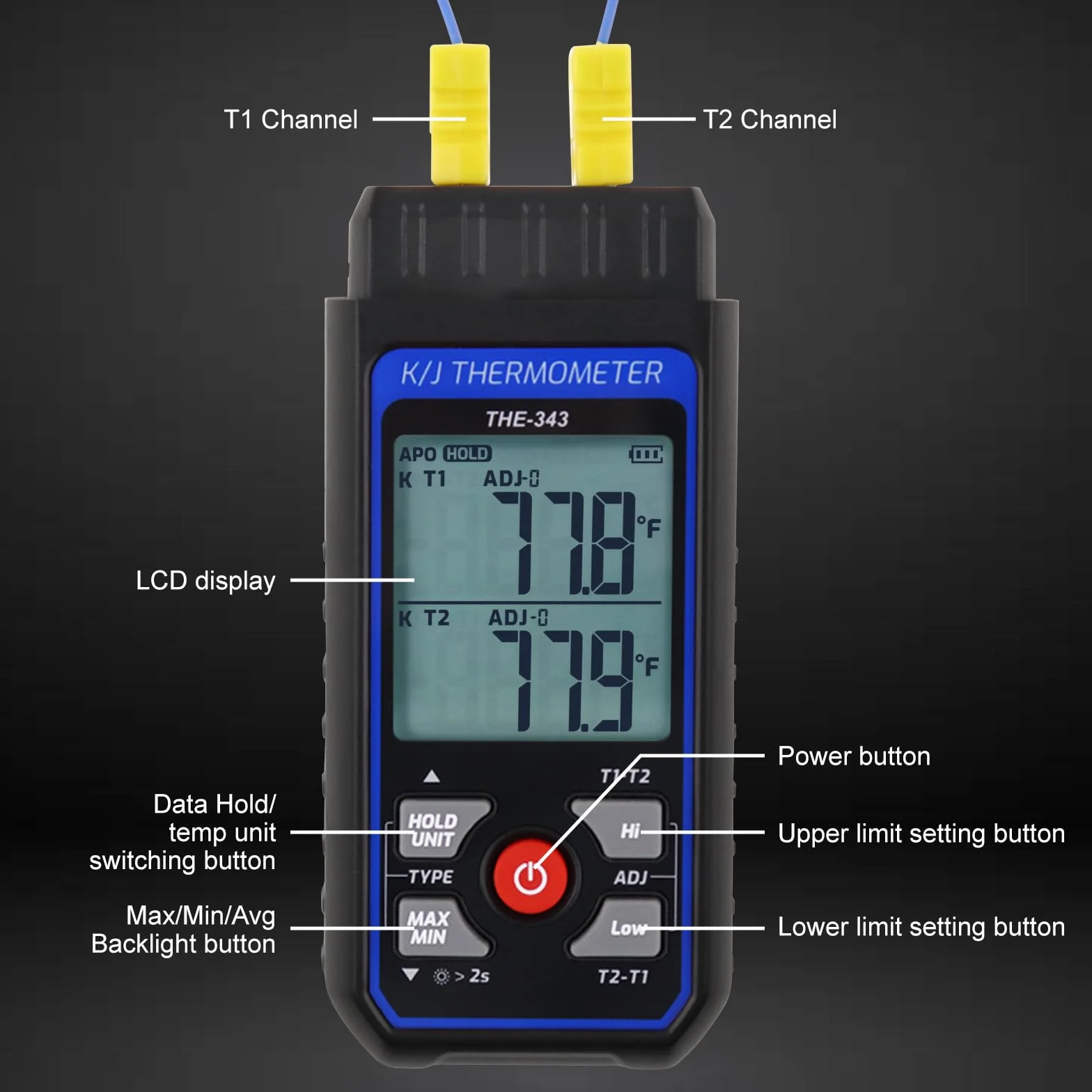 Termometro Digitale a Termocoppia HVAC con 2 Pinze Termometriche e 2 Sonde Cablate, Doppio Canale Allarme Compensazione ADJ (-328~2500℉)