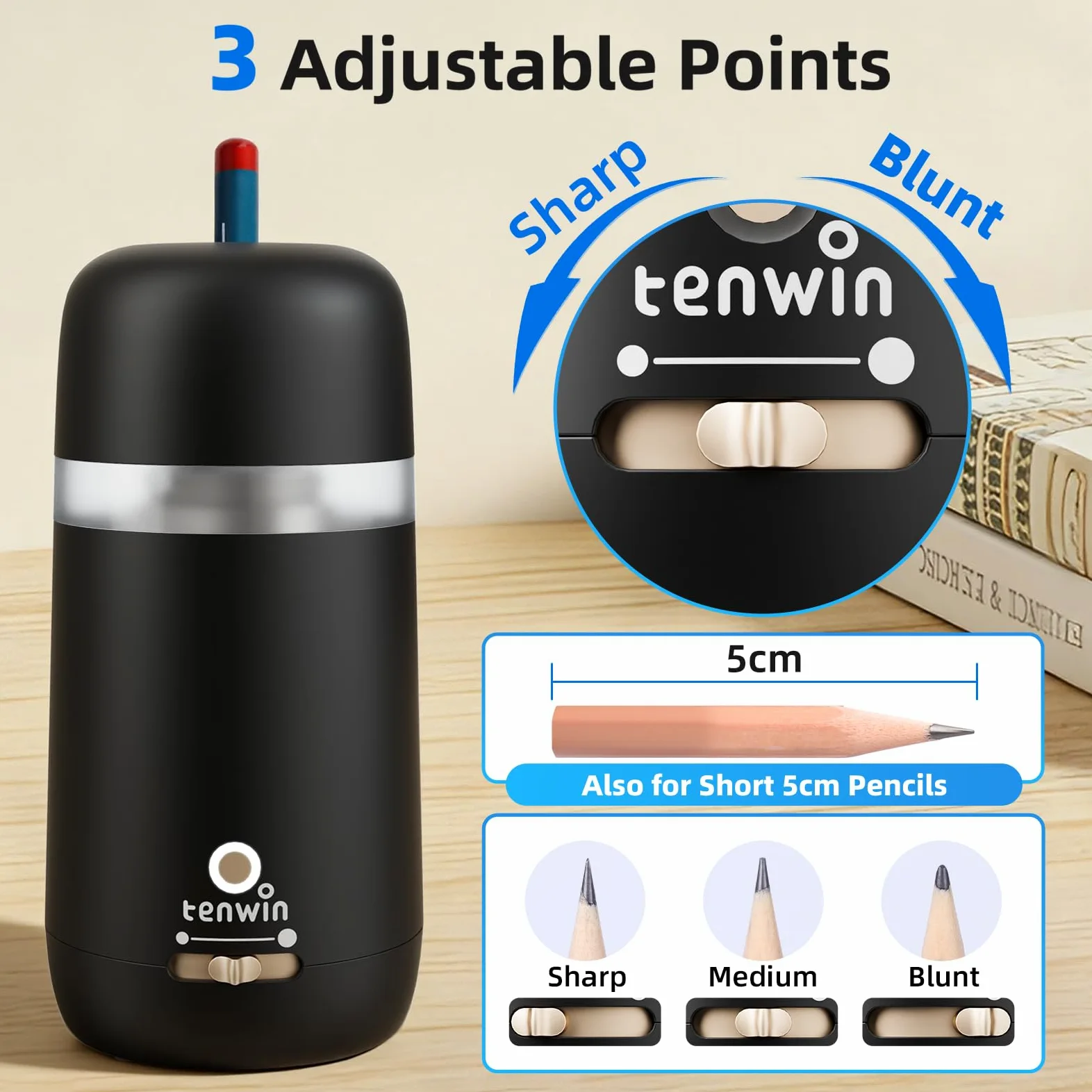 tenwin Temperamatite elettrico completamente automatico, ricaricabile e portatile, veloce da 7 – 12 mm matite e matite colorate, ideale per casa, ufficio e scuola (nero)