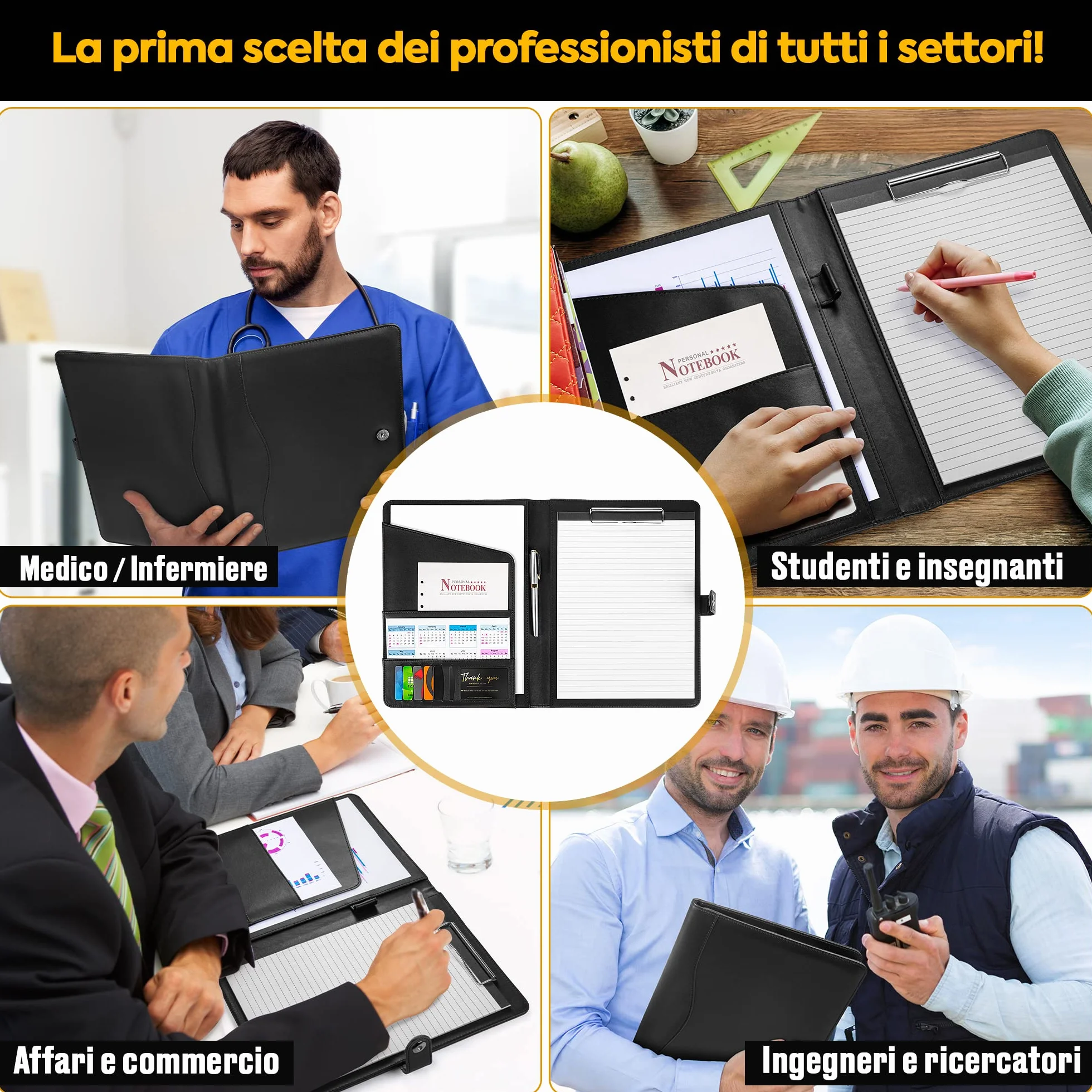Cartellina Portadocumenti A4 in Pelle PU con Portablocco, Blocco Note, Organizer Documenti e Chiusura Magnetica
