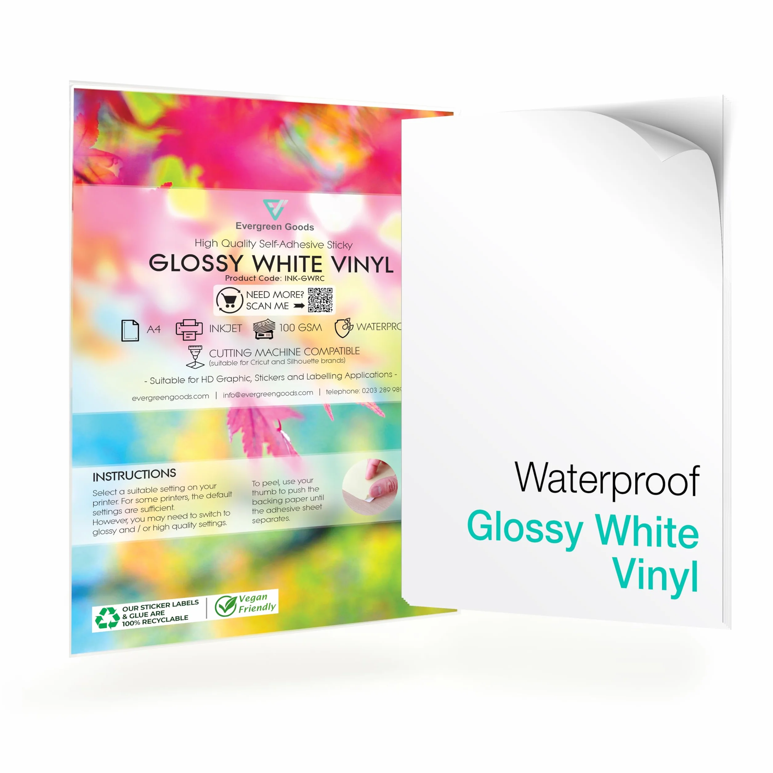 Evergreen Goods 20 Fogli A4 Adesivi in Vinile Bianco Lucido, Carta Adesiva per Stampante Inkjet e Laser