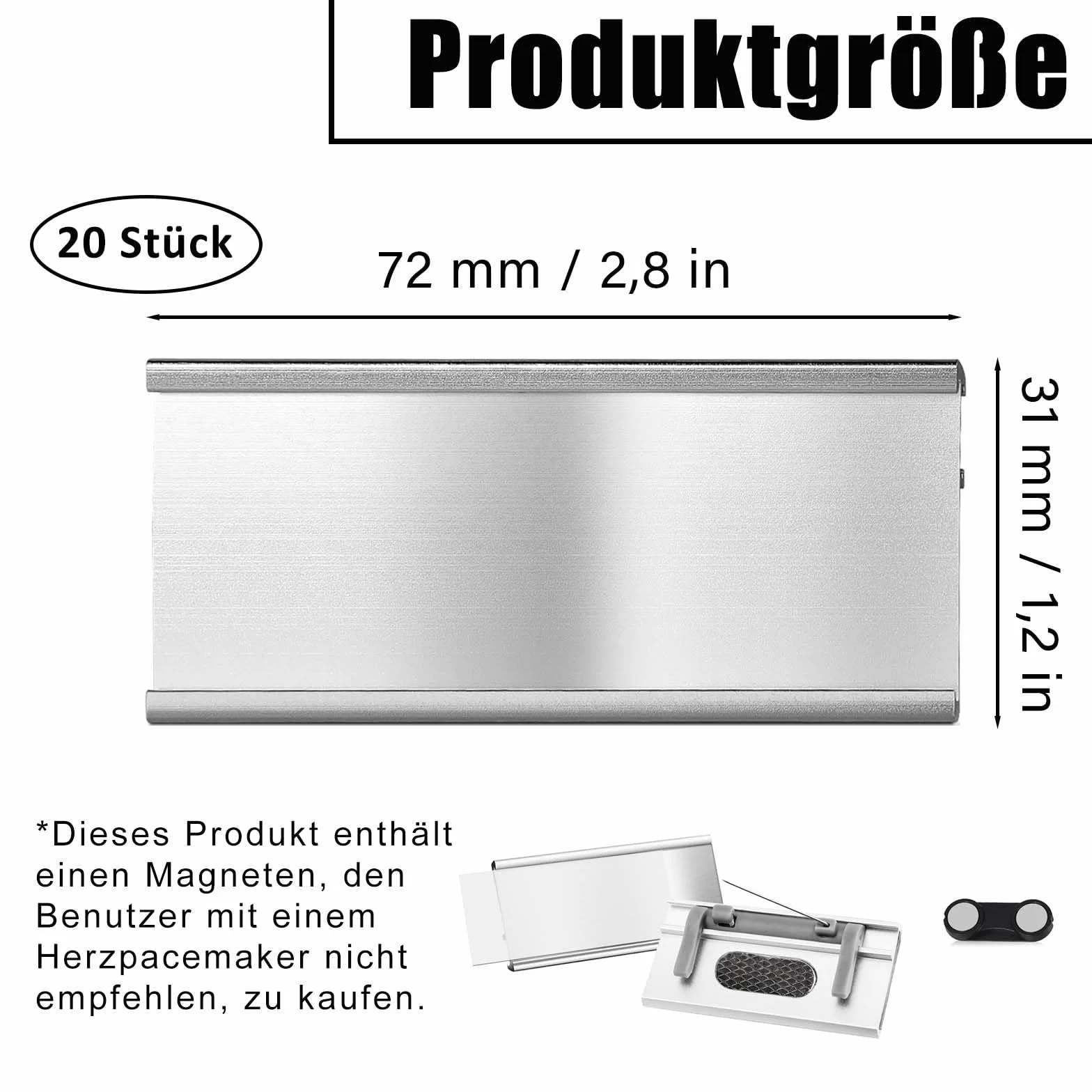 Porta Nomi con Magneti 20 Pezzi Targhette Nome Alluminio 72x31 mm Badge Magnetici per Abiti Lavoro Fiere