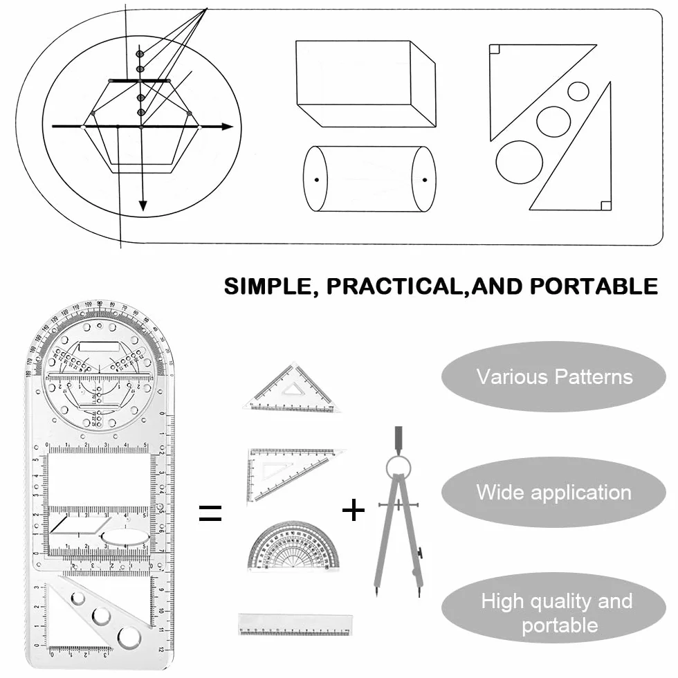 Vicloon 2Pcs Righelli Geometrici Multifunzionali con Matita, Stencil da Disegno Geometrico per Scuola e Ufficio