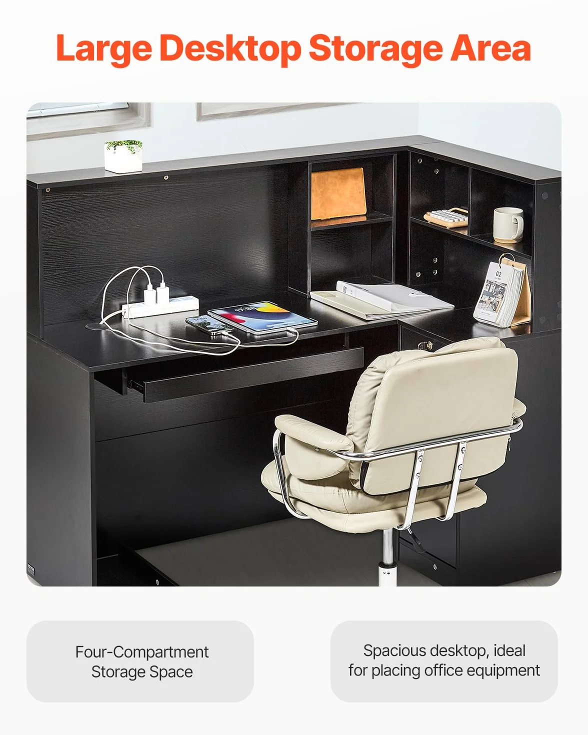 VEVOR Banco Reception 1600 x 600 x 1110 mm Tavolo da Banco Rettangolare, Tavolo di Vendita per Ufficio con Luce a LED, per Registratori di Cassa, Hall, Saloni di Bellezza e Uffici, Nero e Marrone