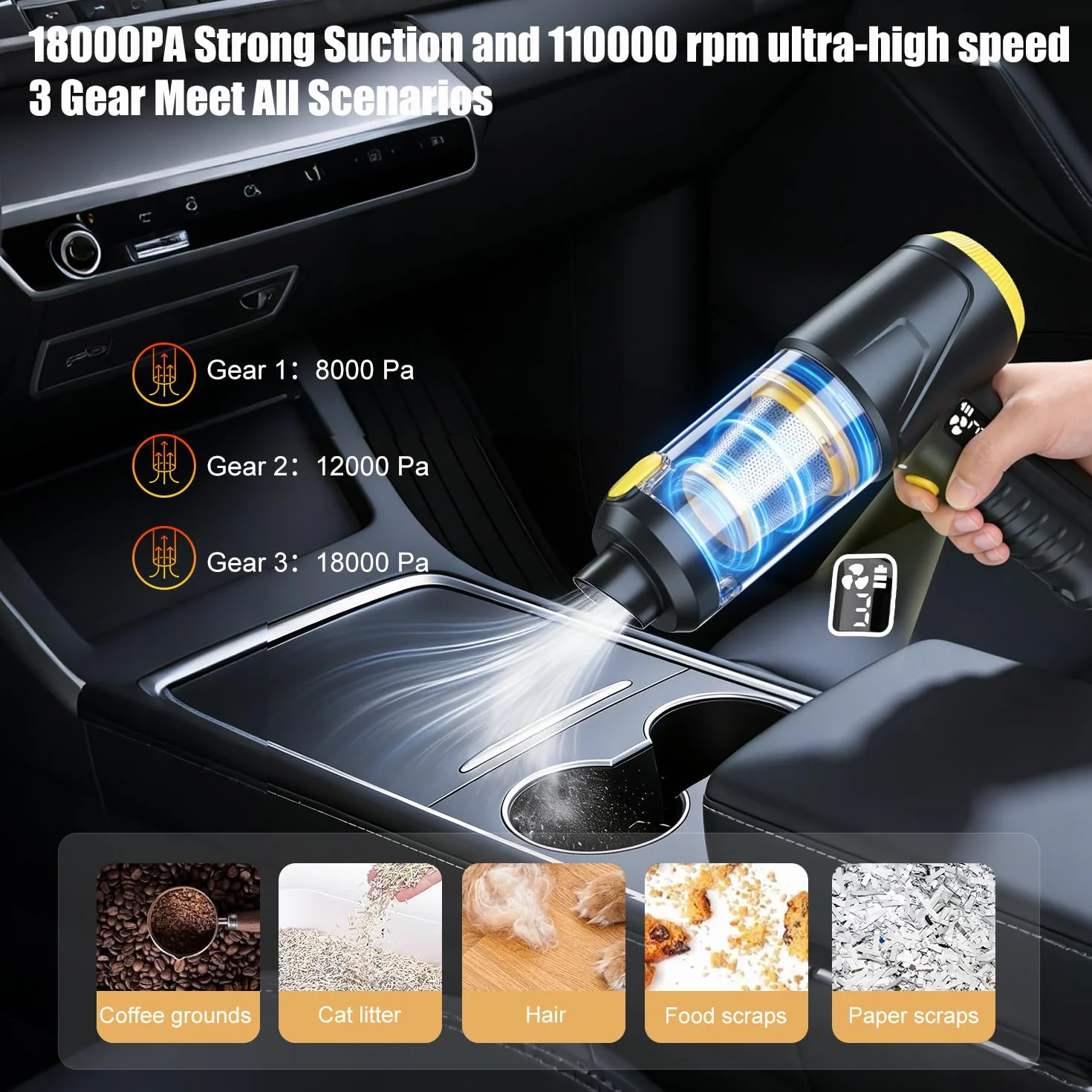 HKC 4 in 1 Soffiatore Aspiratore 110000RPM, Aria Compressa Elettrico 18000Pa, Air Duster Spolverino Motore Brushless, Aspirabriciole Senza Fili per Auto Casa Ufficio Peli Domestici schwarz