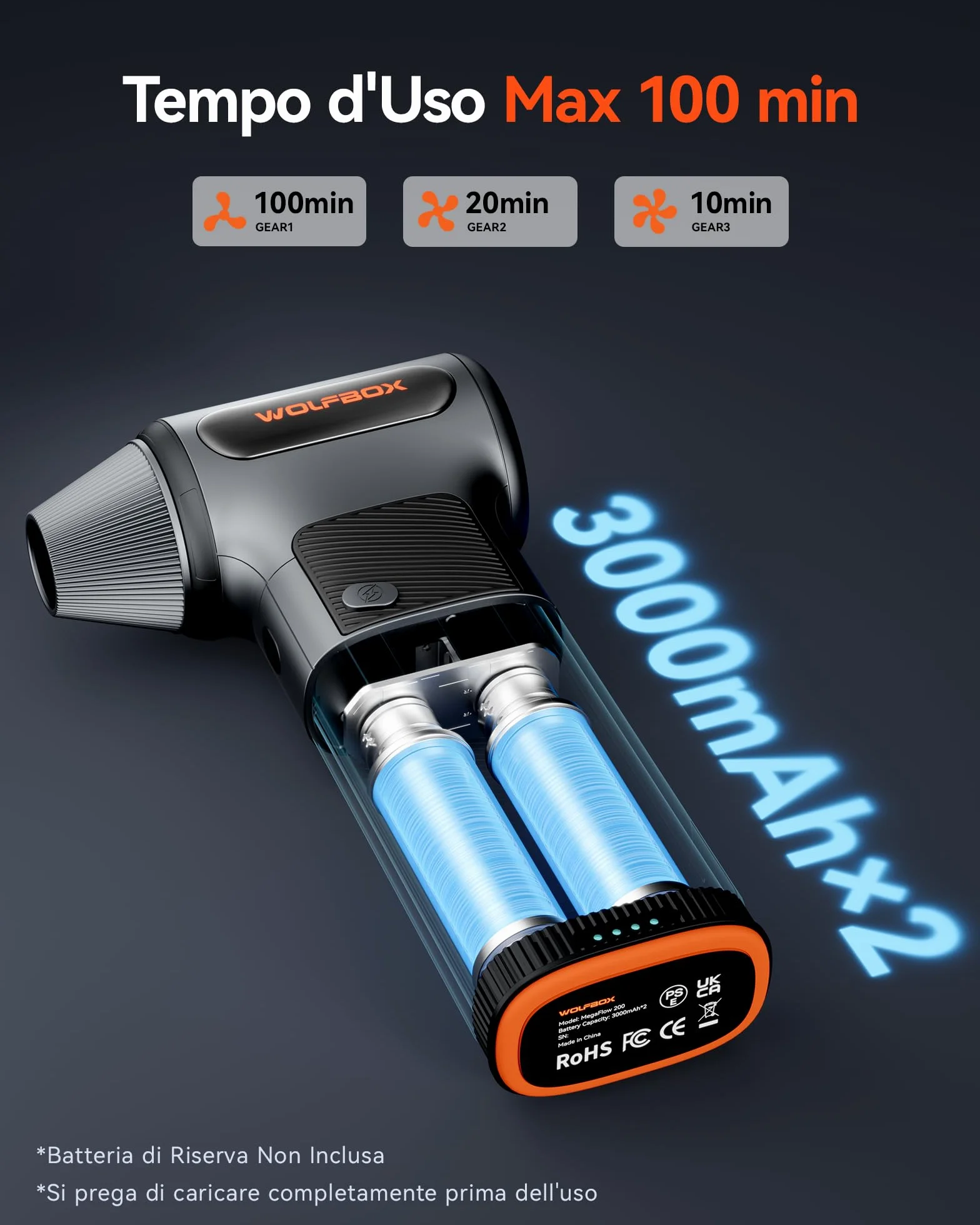 WOLFBOX MF200 Soffiatore a Batteria con Batteria Rimovibile, Soffiatore Aria Compressa Elettrico Portatile 3 Velocità 87.5 m/s, Mini Soffiatore per Pulizia PC Tastiera Auto Casa, Air Duster 4 Ugelli