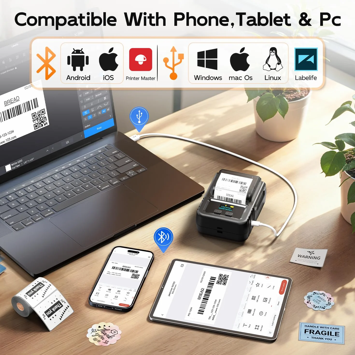 Phomemo M120 Stampante per adesivi etichettatrice etichette termica Bluetooth mini wireless codice a barre per vendita al dettaglio, codice QR,cavi, piccole aziende,compatibile con Android e iOS,Nero