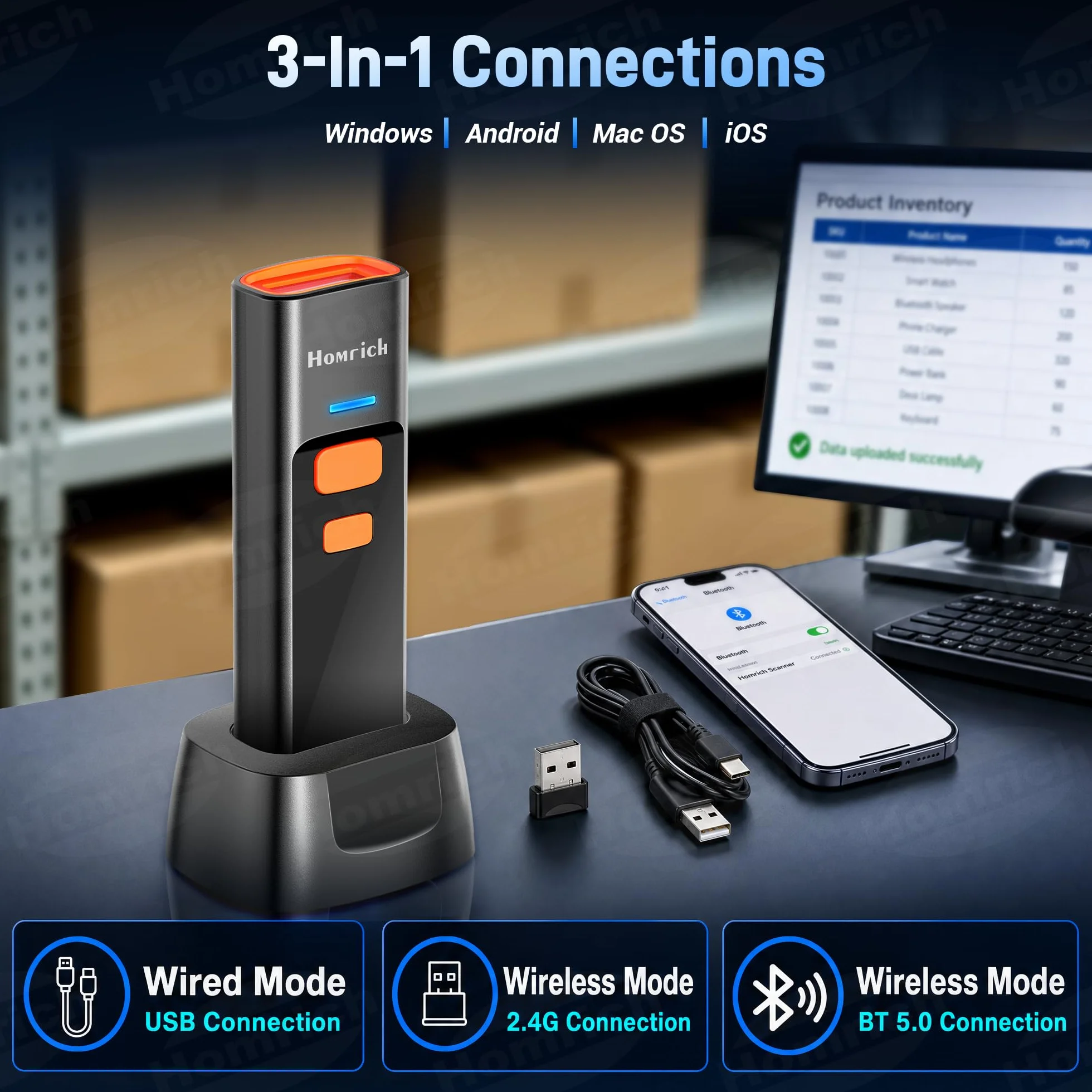 Homrich Mini scanner di codici a barre wireless Bluetooth con dock di ricarica, scanner di codici a barre QR 1D 2D, Bluetooth 3 in 1 e 2.4G e cavo USB ricaricabile lettore di codici a barre portatile