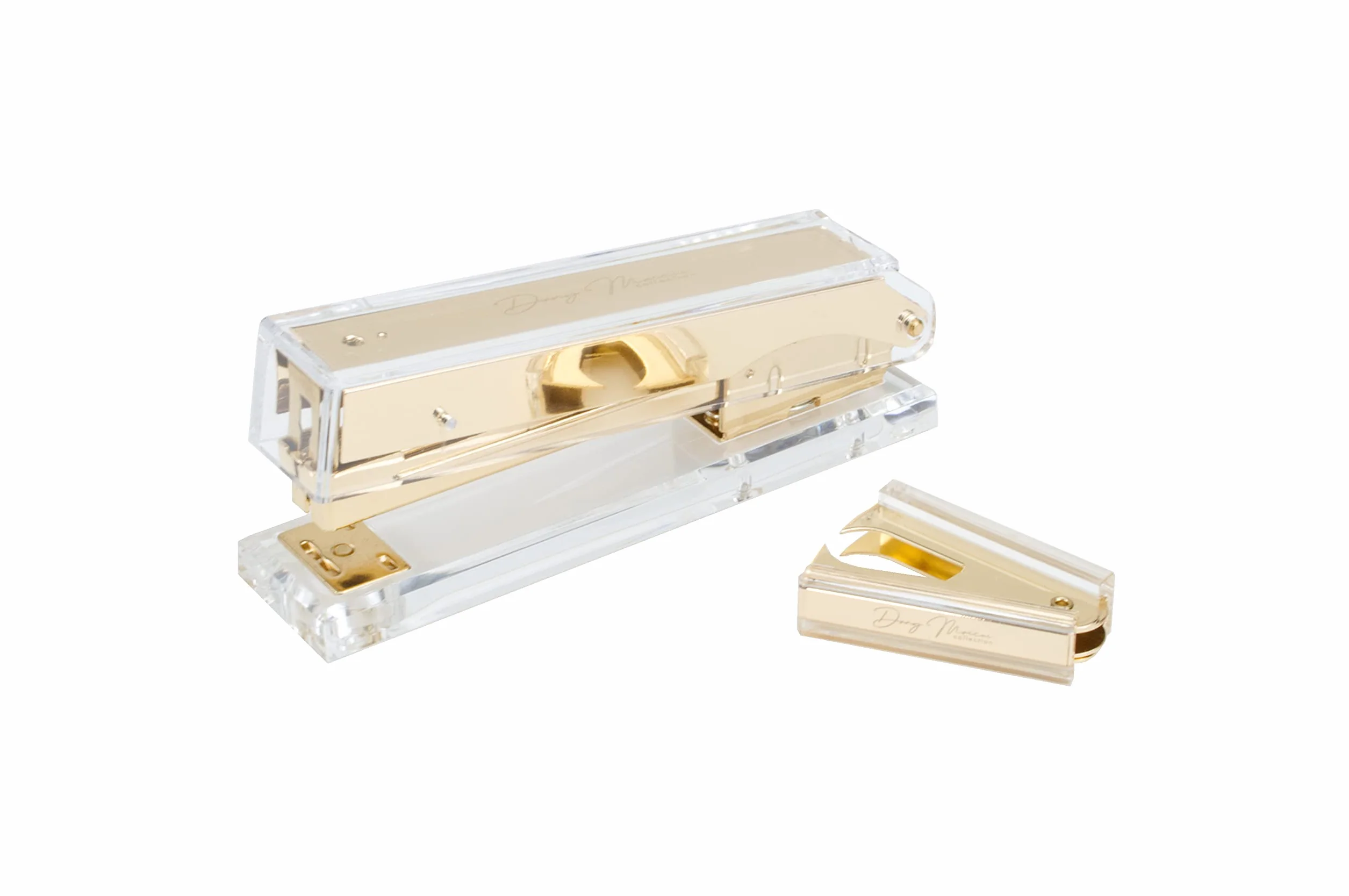 Set cucitrice + levapunti, in materiale acrilico trasparente e metallo color oro, pinzatrice per graffette 24/6, fissa 25 fogli