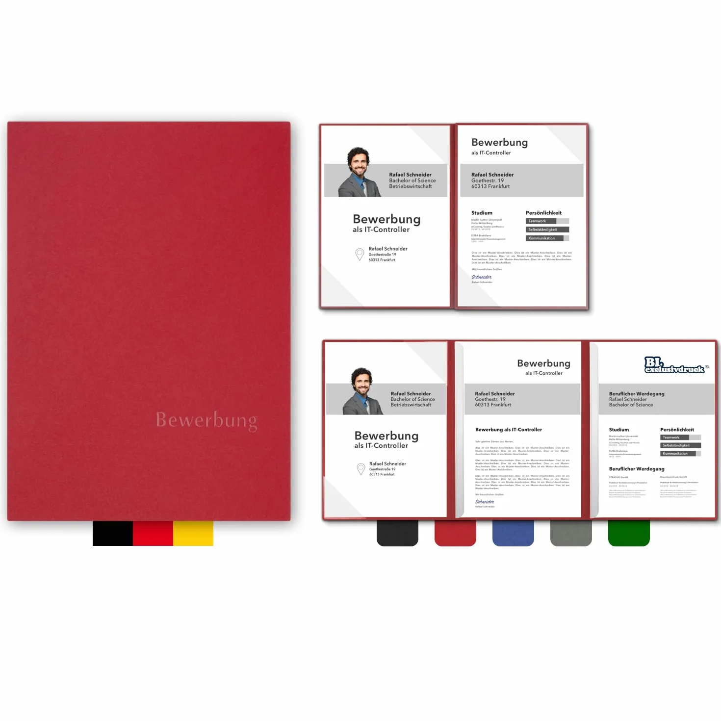 5 cartelline per candidature BL-exclusivdruck® MEGA plus in rosso rubino – qualità premium con elegante rilievo goffrato 'Bewerbung' – design del prodotto di Mario Lemani