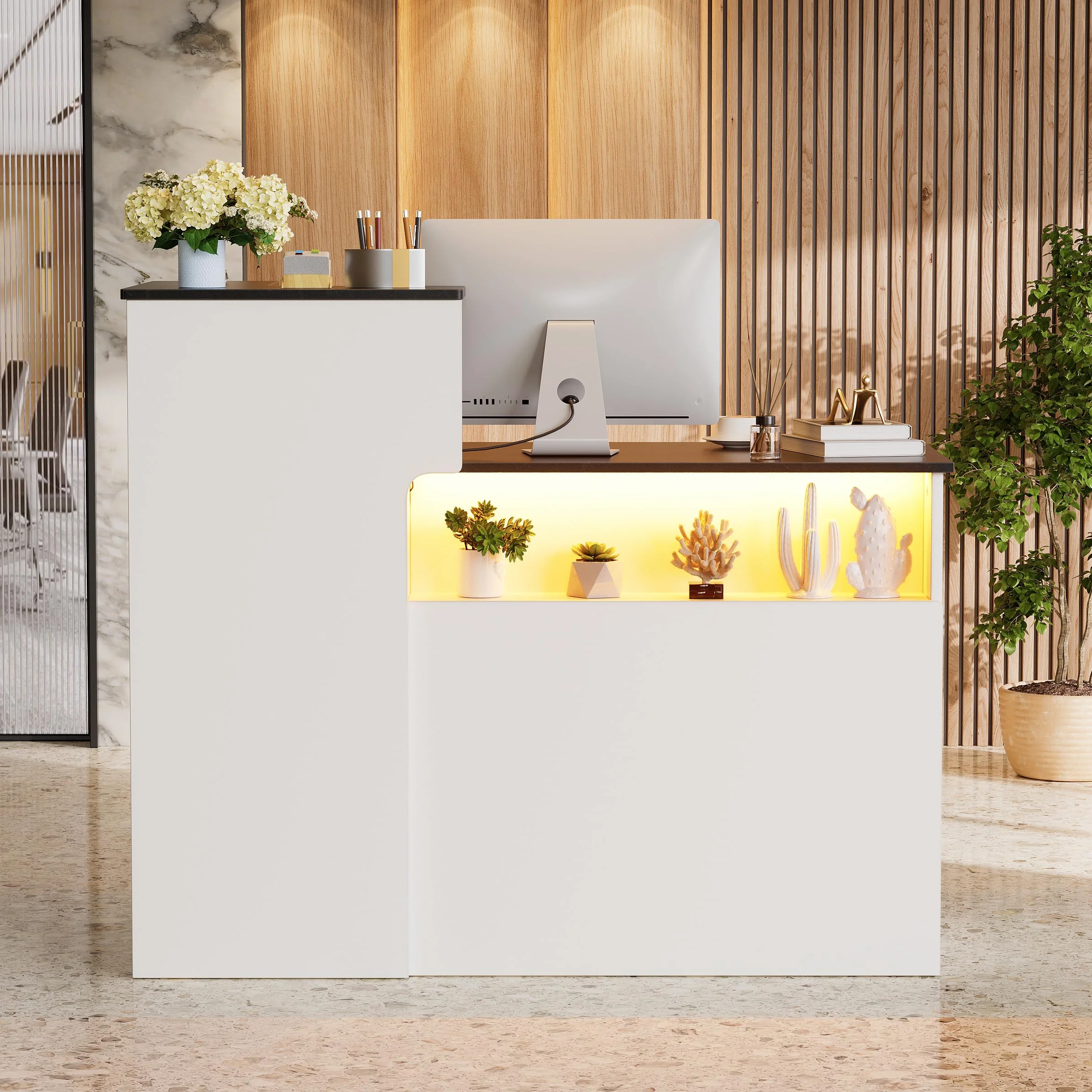 Bancone Reception Ufficio con LED Banco Reception Cassetto & Armadio Bancone Vendita con cassetto per tastiera Bancon Reception Centro Estetico Banchi di Recep-tion Mobili per re-ception 50x120x100CM