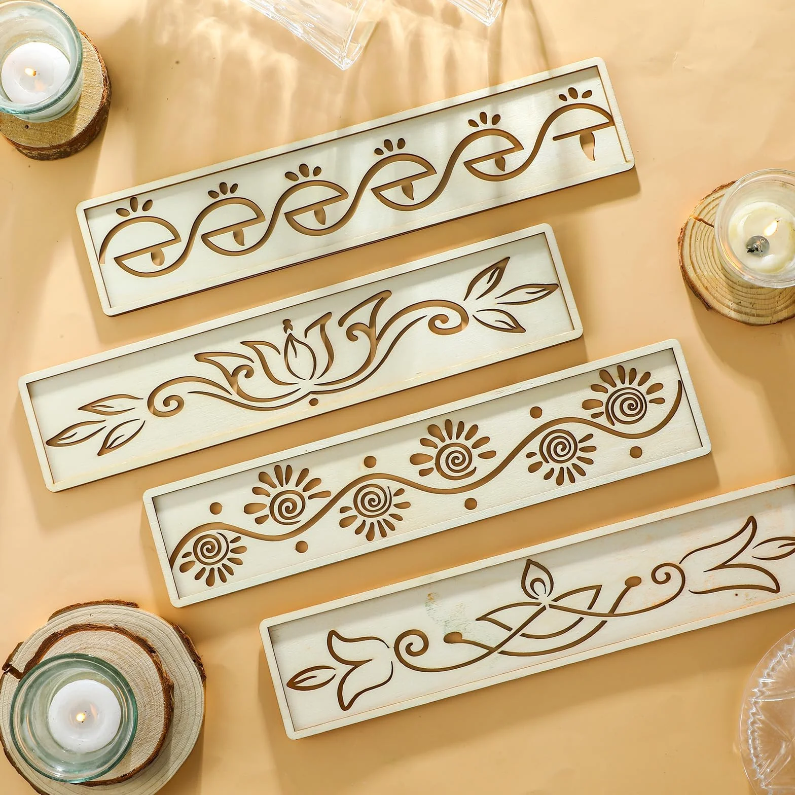 Stencil Rangoli in Legno Set 4 Pezzi Modelli Decorativi Mandala Fiori Riutilizzabili per Pittura Decorazione Pavimento