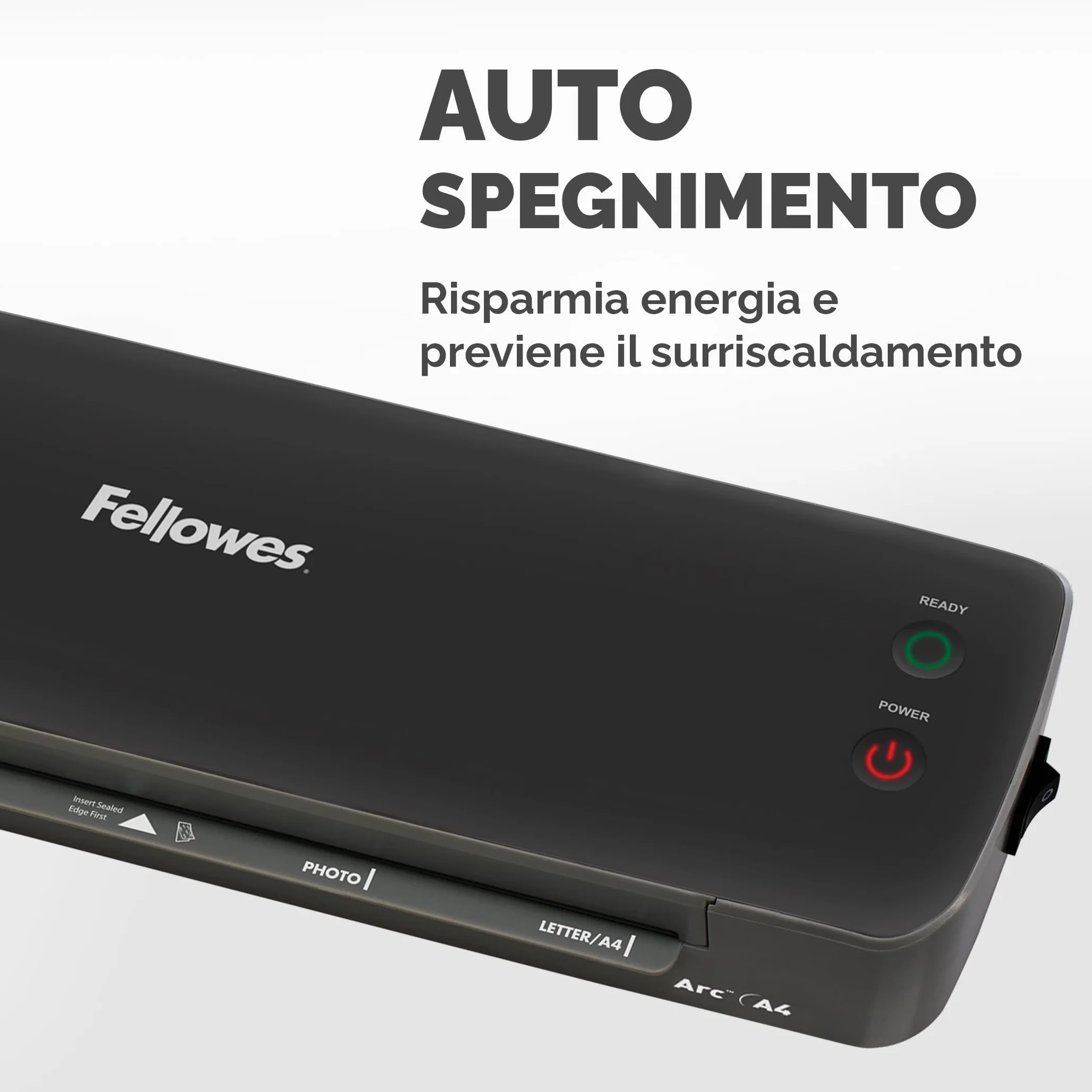Plastificatrice Fellowes Arc A4, per laminazione a caldo di buste fino a 80 micron, leva antiinceppamento, hobby creativi, 30 cm/min, 4570001