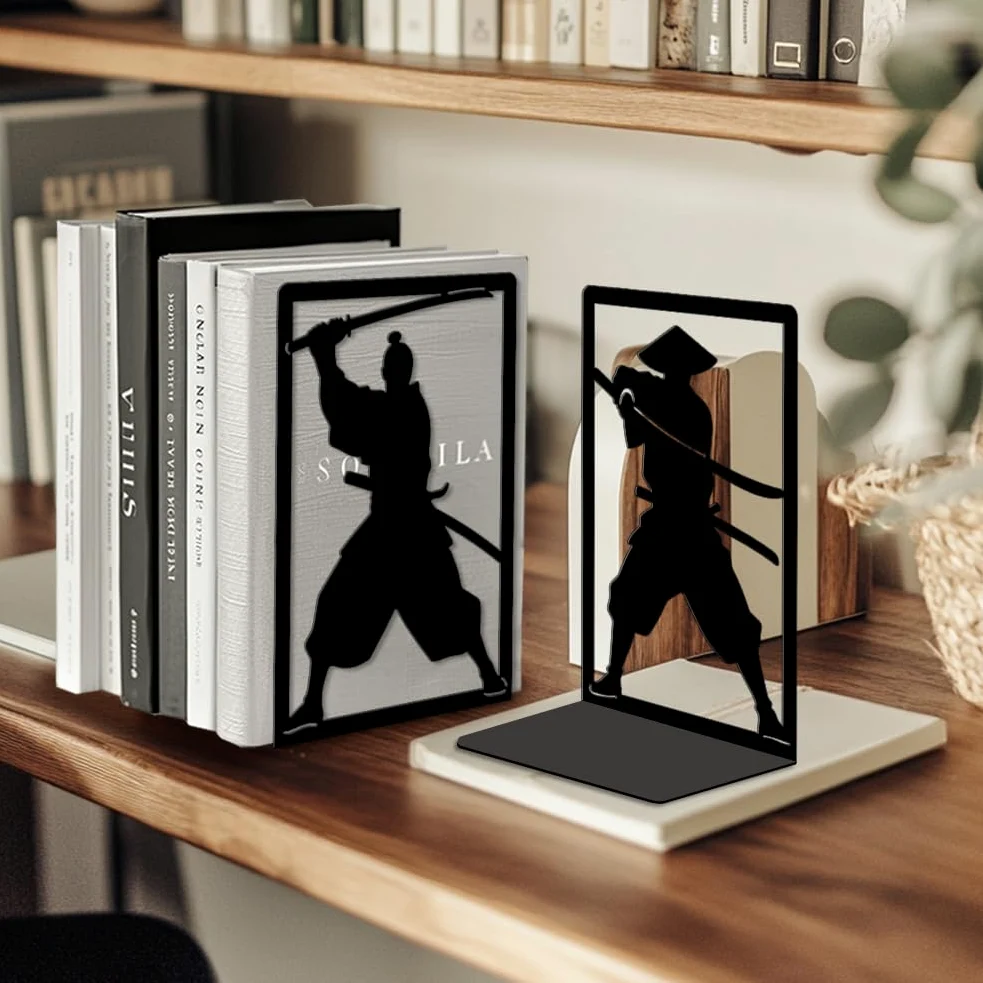 Peacoblue Fermalibri Originale in Metallo Nero, Fermalibri Samurai Giapponese Design Moderno Ferma Libri Decorativo per Ufficio, Cucina, Mensola e Libreria, 1 Coppia