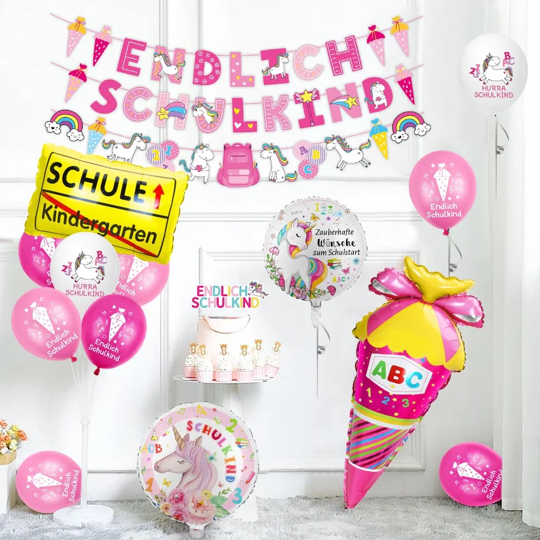 Decorazione per l'inizio della scuola a tema unicorno, palloncino in pellicola e striscione per bambini