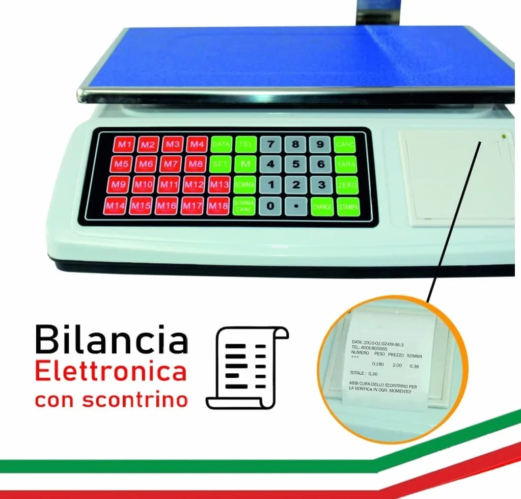 Bilancia Digitale 50kg con Scontrino – Display LCD su Braccio, Somma e TARA, Batteria Ricaricabile, Ideale per Negozi, Mercati, Banchi Alimentari - CW869