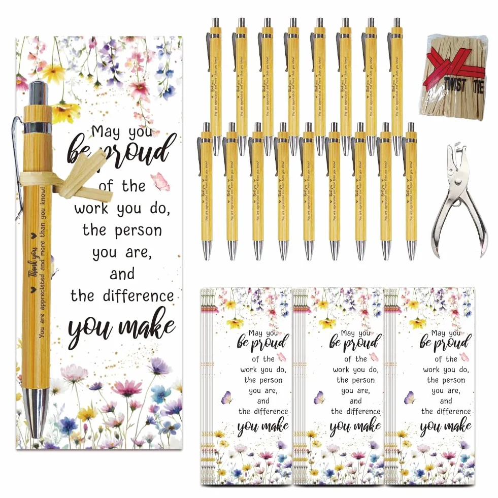 WEBEEDY Set di 36 penne in bambù con note ispiratrici e segnalibro a forma di fiore