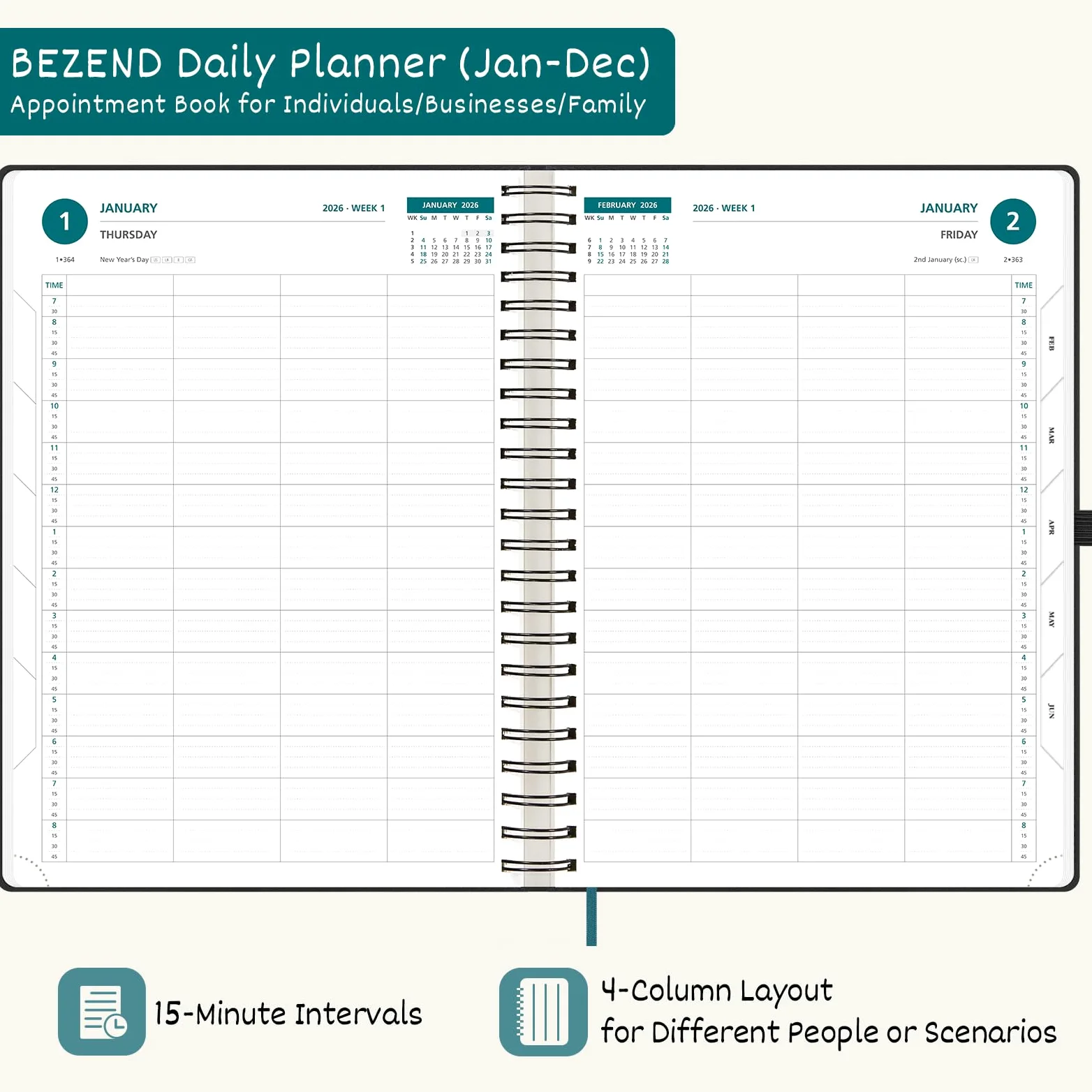 BEZEND Agenda giornaliera 2027, pagina per giorno, anche fine settimana (grande, 21 x 29,8 cm), 15 minuti in 4 colonne, planner mensile con linguette e programma settimanale, copertina morbida in