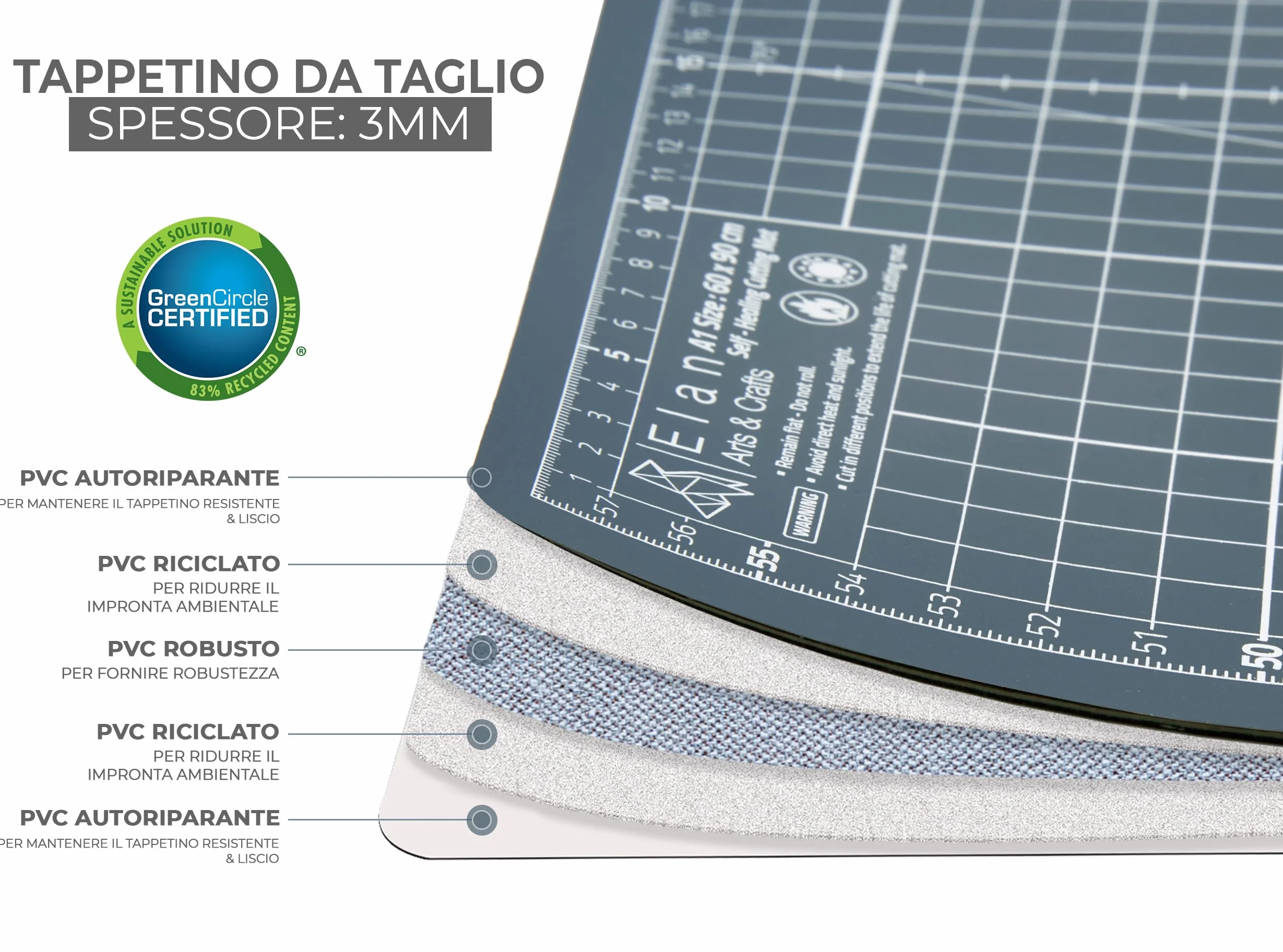 Elan Tappetino da Taglio A2 Grigio 45x60 cm Autorigenerante 5 Strati PVC Riciclato