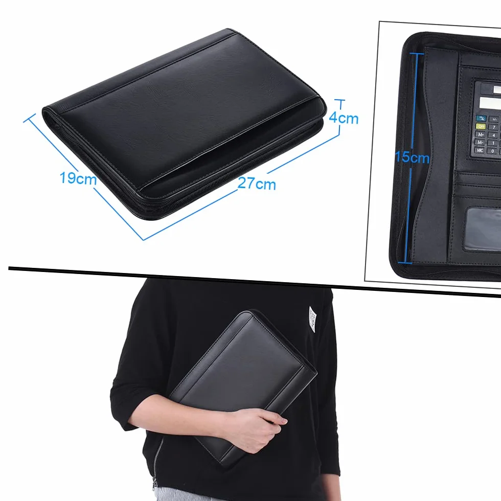 Portafoglio Portatile, Cartella Portadocumenti in Pelle PU A5 con Calcolatrice, Chiusura con Cerniera, Organizer per Documenti, Porta Tessere, Blocco Note per Uomo e Donna,