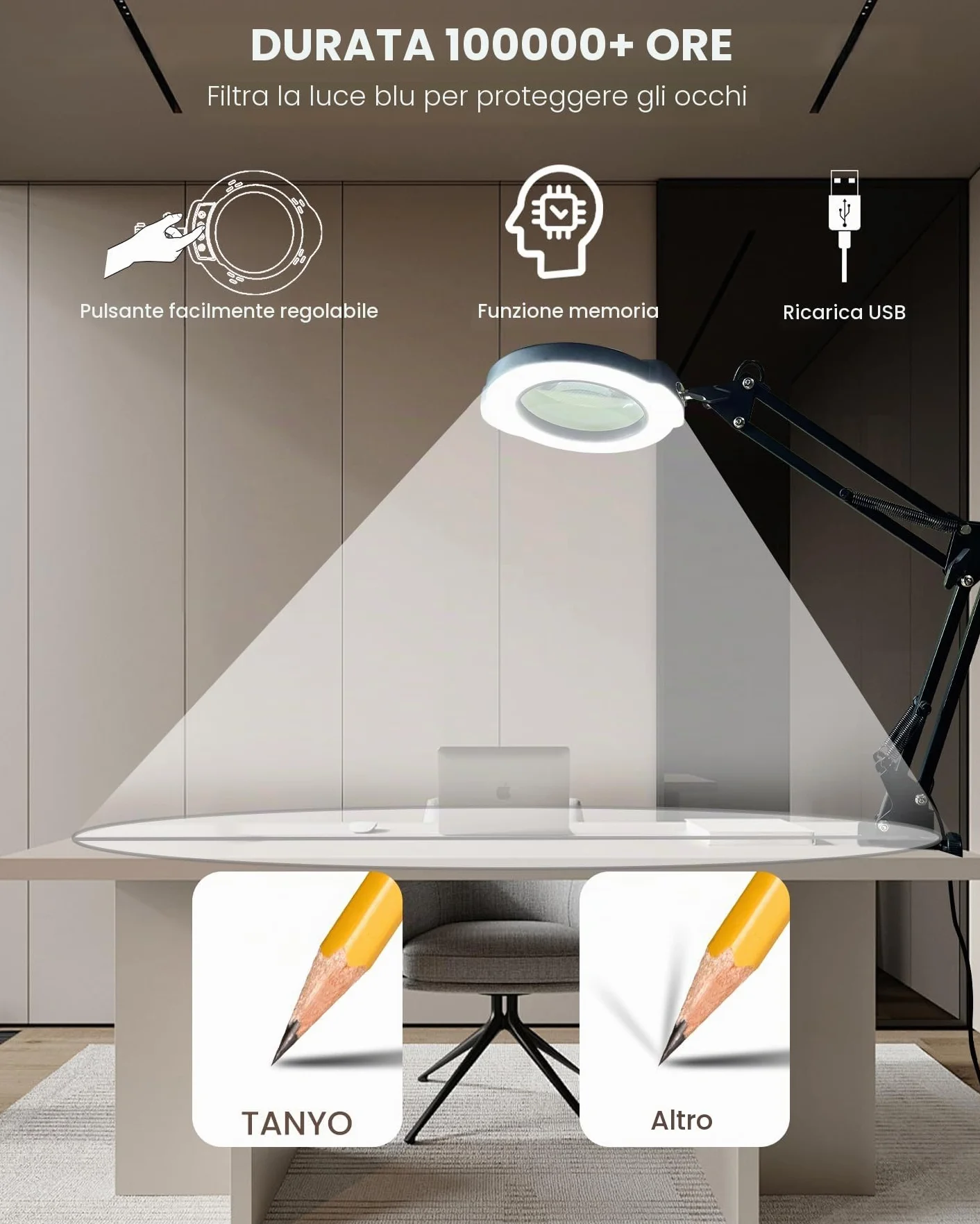 TANYO Lampada con Lente di Ingrandimento 84 LED 3 Modalità Colore 10 Luminosità