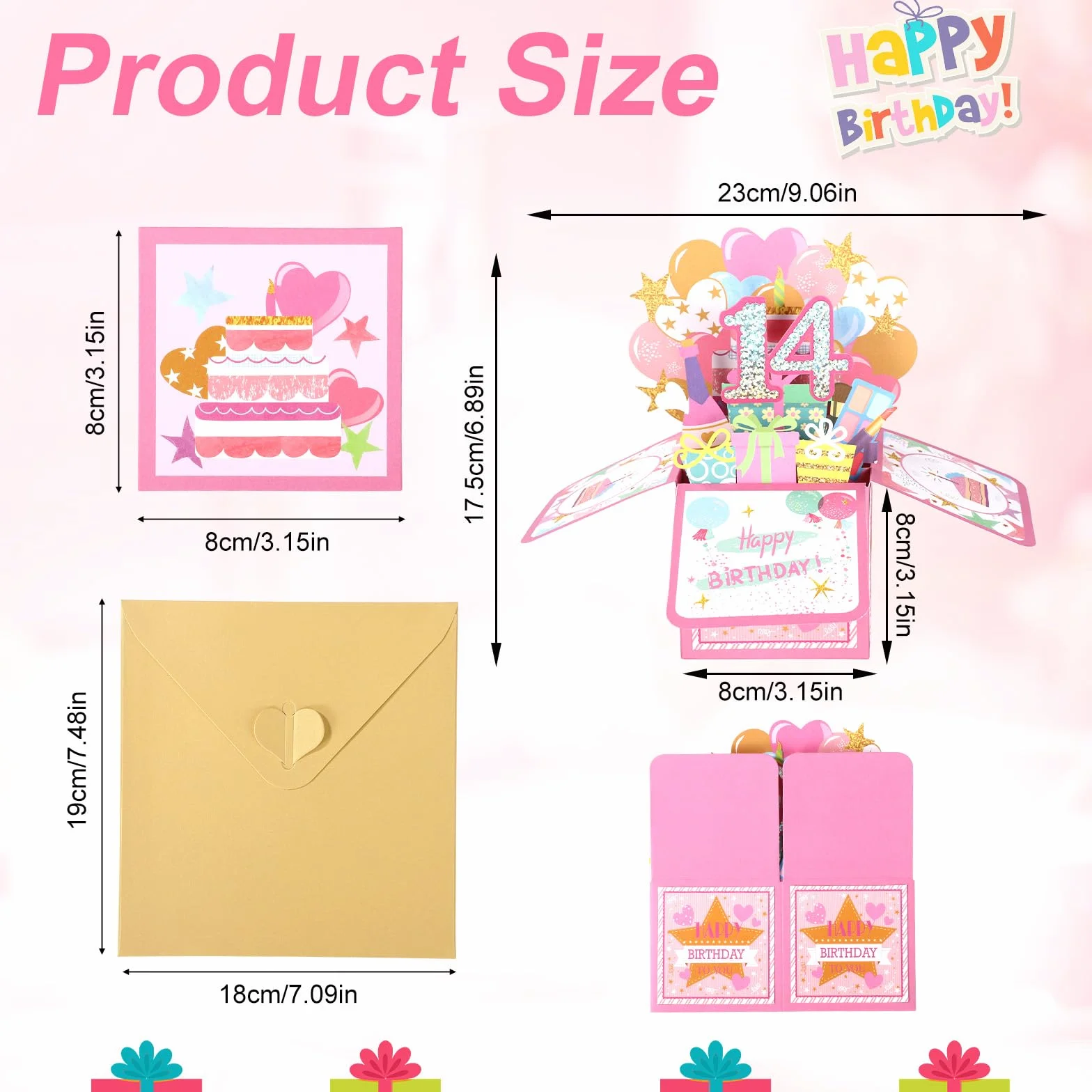 Biglietto Pop-up 3D Lucido 14th Happy Birthday con Busta, Cartolina Compleanno per Ragazza