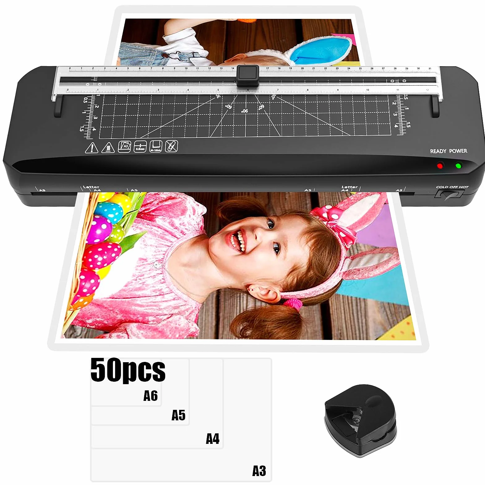Plastificatrice A3 70 secondi riscaldamento rapido, Laminatrice con taglierina incorporata e 50 pellicole di laminazione per uso domestico, ufficio, scuola, foto (Nero Plastificatrice A3+ 50 pezzi)