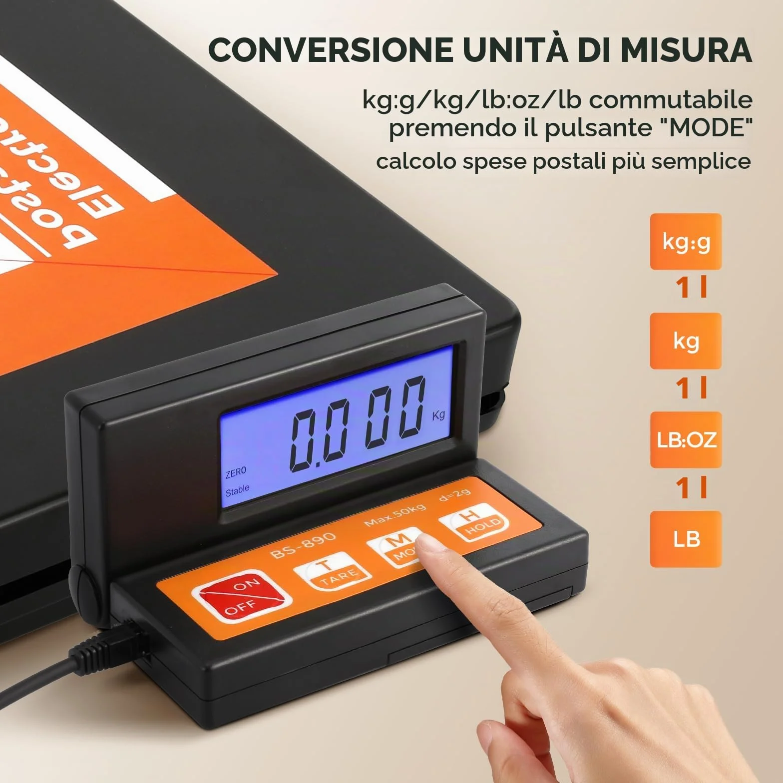 Bonvoisin Bilancia postale digitale 50 kg 110 lb 2 g display LCD separato batterie AAA adattatore UE inclusi g kg oz lb indicatore stabile Hold