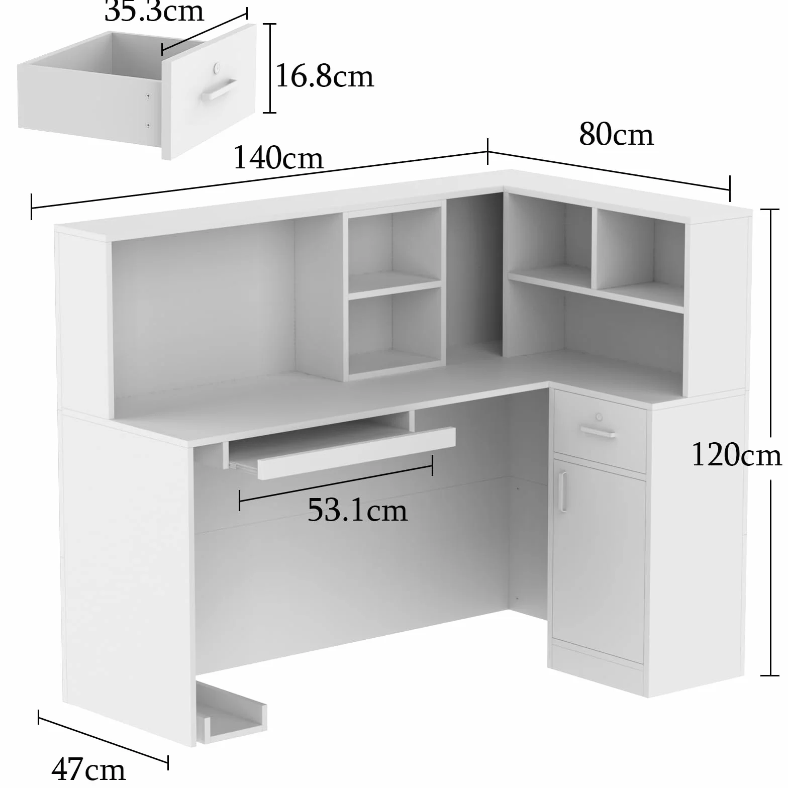 Banco Reception con Tavolo da Computer e Ripiano Rimovibile - 1 Cassetto e 1 Armadio - MDF, 140 x 80 x 120 cm