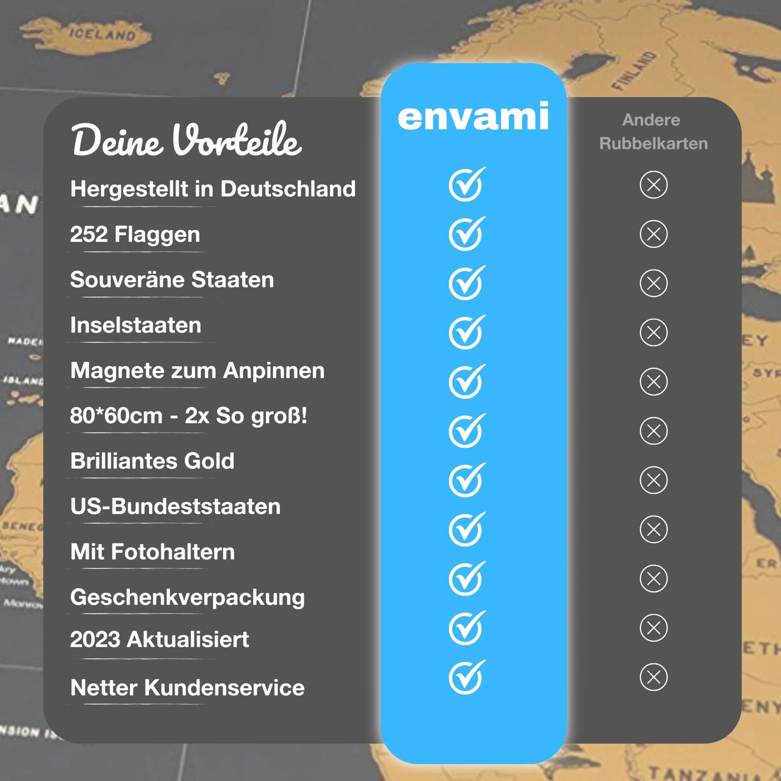 envami® Mappa del mondo da grattare XXL con accessori, in tedesco, 80 x 60 cm, prodotta in Germania, mappa del mondo da grattare, mappa del mondo da grattare