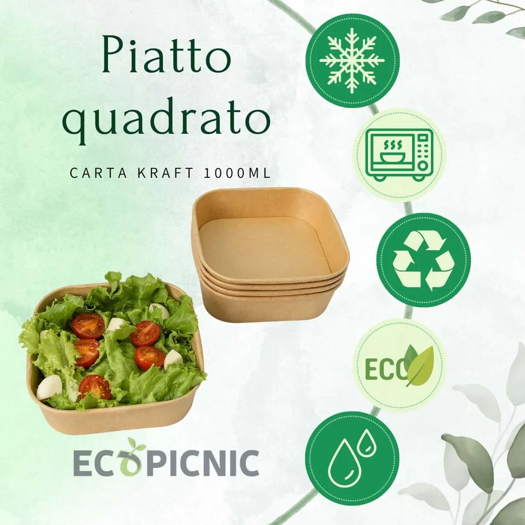 Salatiera Quadrata Carta Kraft 1000 ml 50 Pezzi Contenitori Monouso per Insalate Poke Bowl