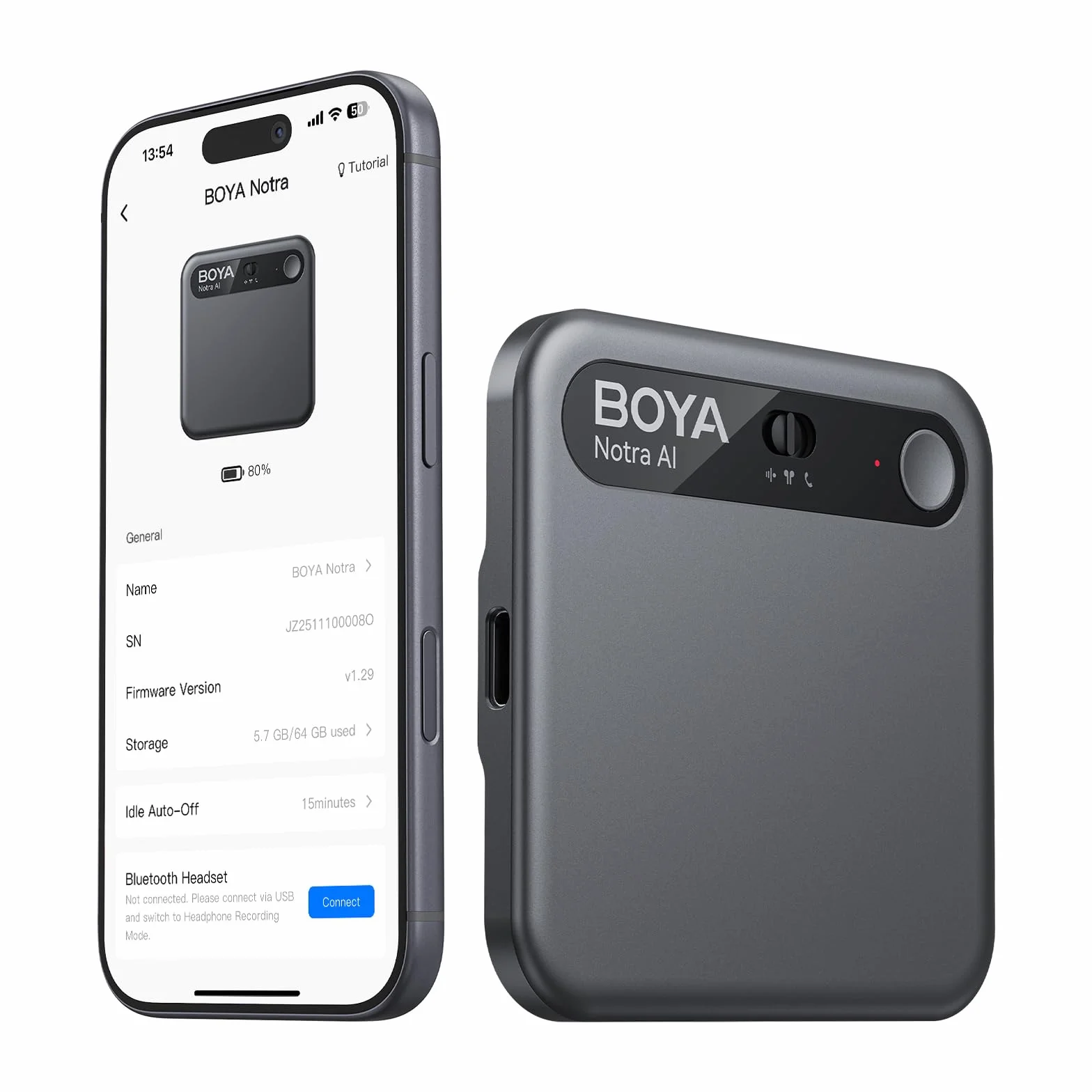 BOYA Notra Registratore Vocale AI con Trascrizione Automatica in 145 Lingue Sommari Intelligenti, Supporto per Registrazione Ambientale, Chiamate, Cuffie Bluetooth, Ideale per Appunti Riunioni, Nero
