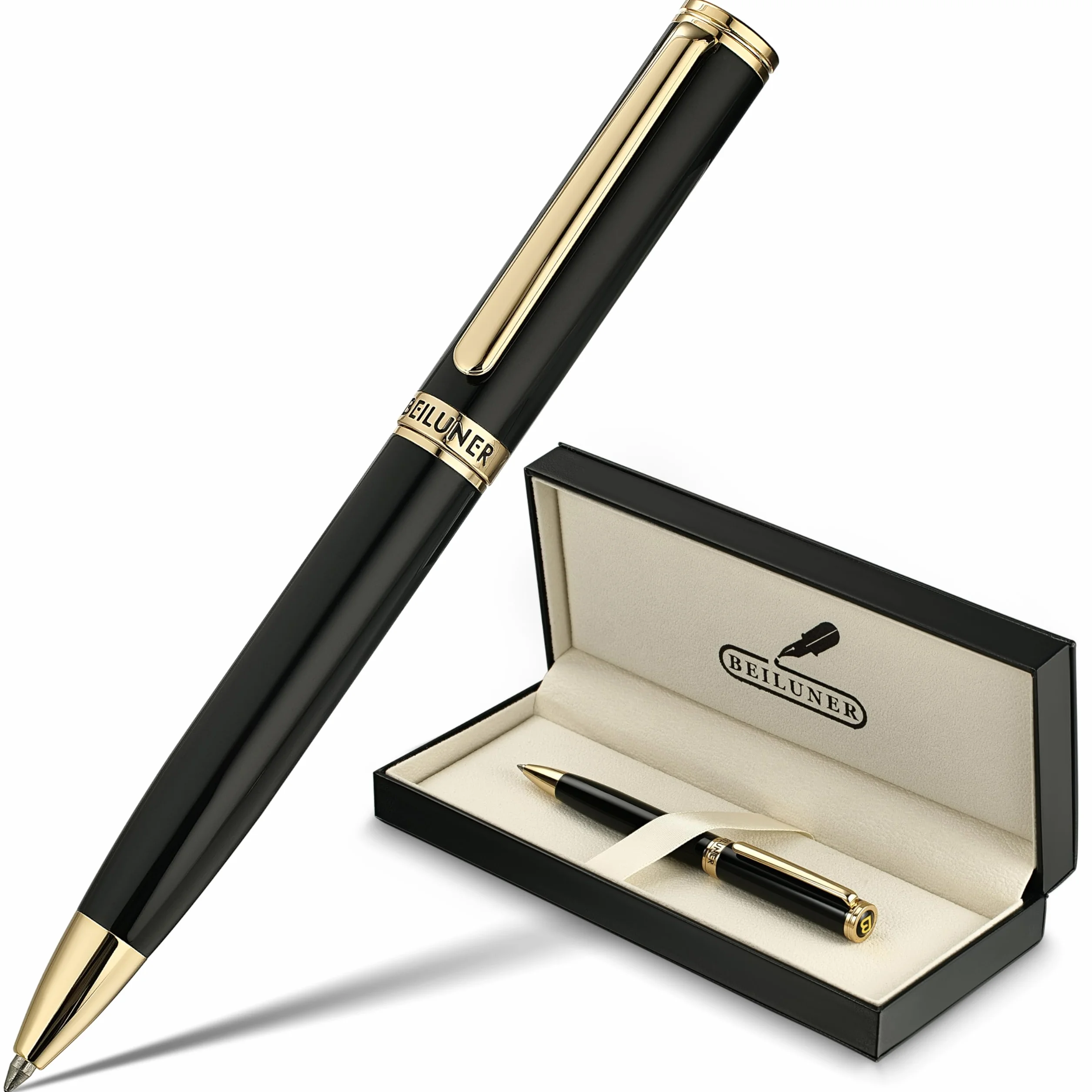 BEILUNER Penna a Gel Lusso con Finitura Oro 24K, Lacca Nera Piano, Artigianato di Classe, Miglior Set Regalo per Uomo/Donna, Professionale, Executive, Ufficio, Retrattile