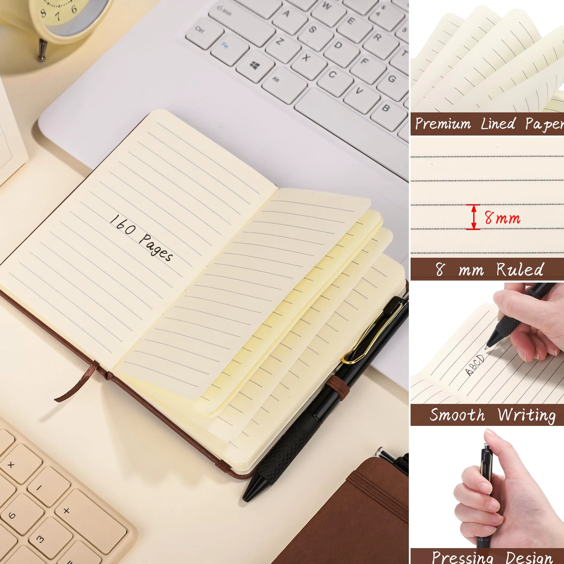 Aodaer Set di 50 quaderni tascabili con penne, 160 pagine, 8,9 x 14,9 cm, mini taccuino a righe, formato A6, in pelle, con copertina rigida, blocco note a righe con portapenne, per scuola, ufficio